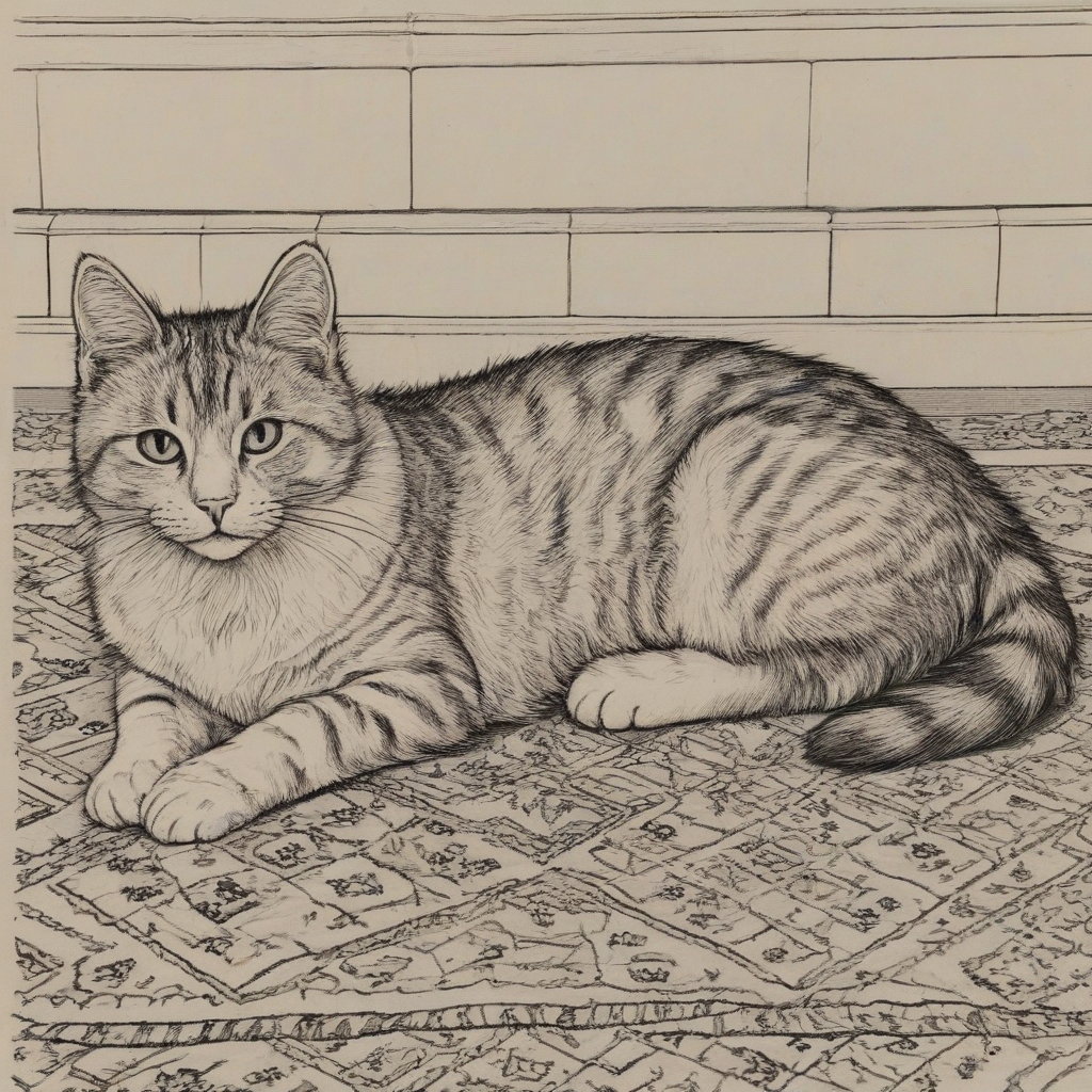 Line drawing of a cat laying on a rug