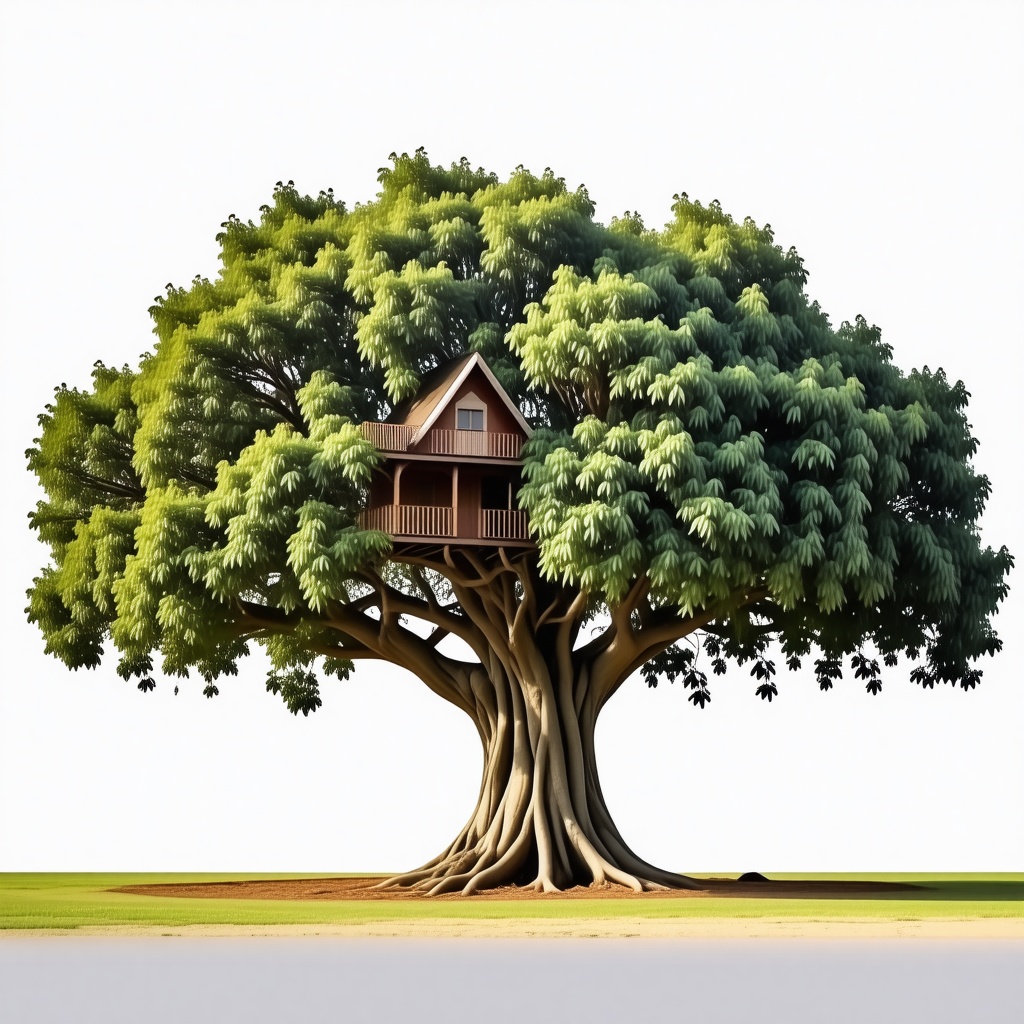 A large tree with a huge treehouse in it