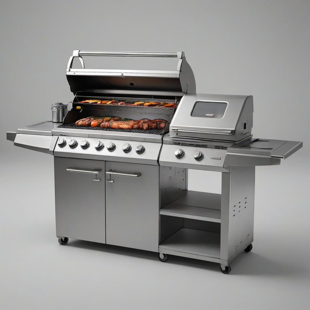 A full-body view of a gas rectangular BBQ grille, with a stainless steel finish, on a plain white background, in a wide shot, with the lid open and the burners visible, in a digital art style with realistic textures and lighting, with a slight sheen to the metal and a sense of depth to the image, on a plain white background, even lighting, on a plain white background, even lighting 