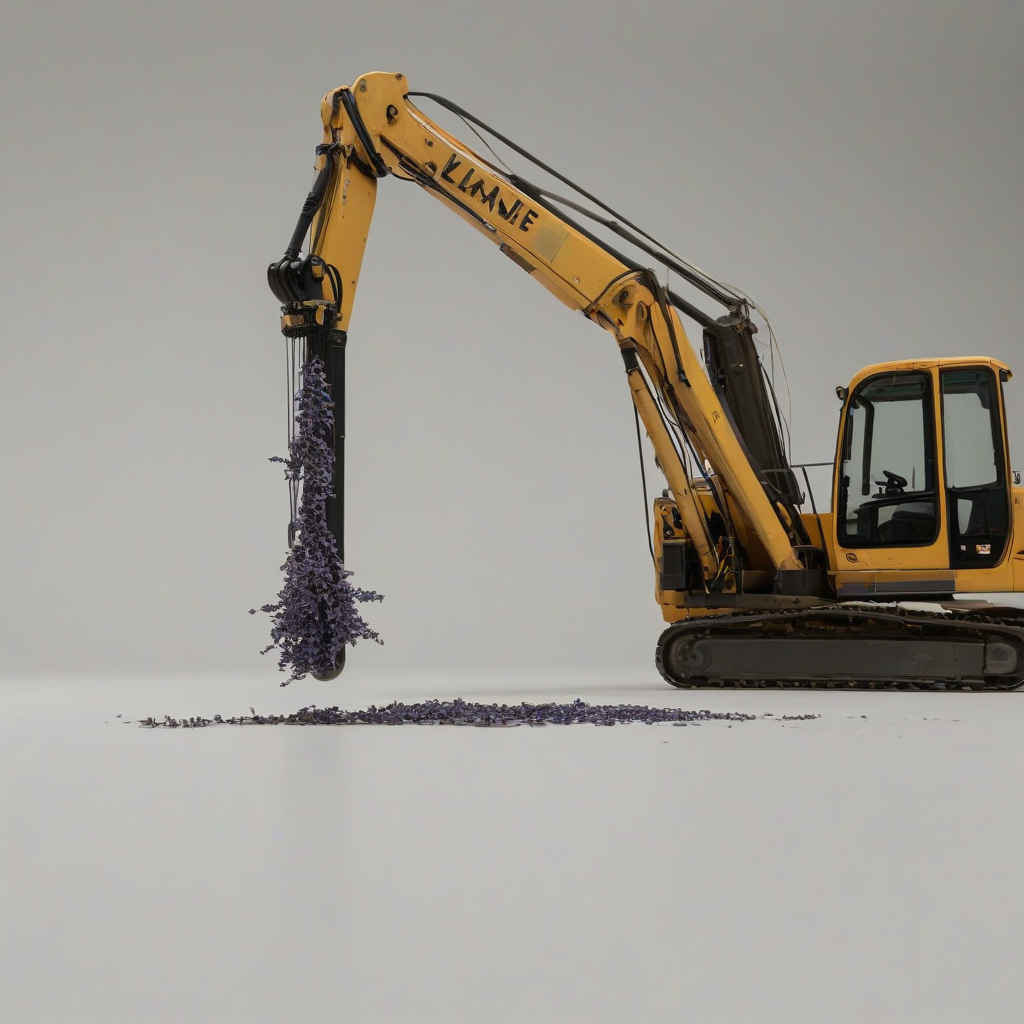 A realistic depiction of industrial equipment, such as a large crane or forklift, set against a plain white background, with a sprig of dried lavender placed on the equipment, photographed in a realistic style with accurate lighting and shadows, full-body view of the equipment with the lavender in focus, wide shot, feet of the equipment visible, in a realistic and detailed industrial setting, with no cartoonish or stylized elements