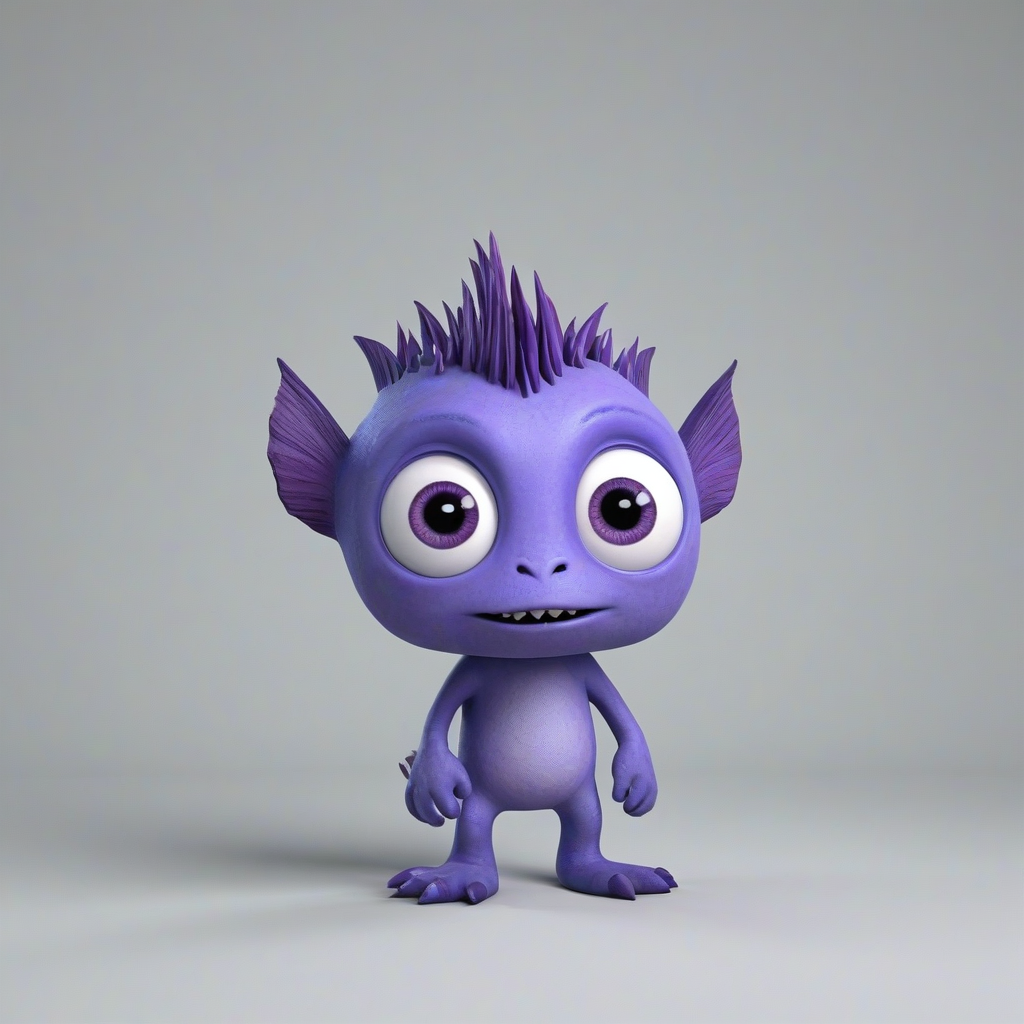 3d cartoon animation, periwinkle colored monster , with purple mohawk, purple fish fins, big eyes, mischievous look on its face, full body visible, on a plain white background, even lighting
