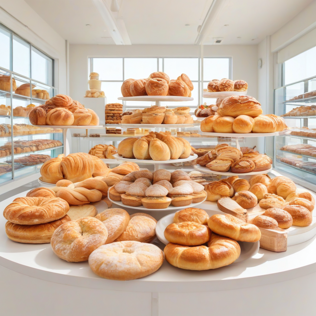 A bakery, warm and inviting, with a wide variety of sweet and savory pastries, bread, and cakes, in a full-body view, on a plain white background, with a wide-angle shot, and soft, natural lighting, in the style of a colorful digital illustration