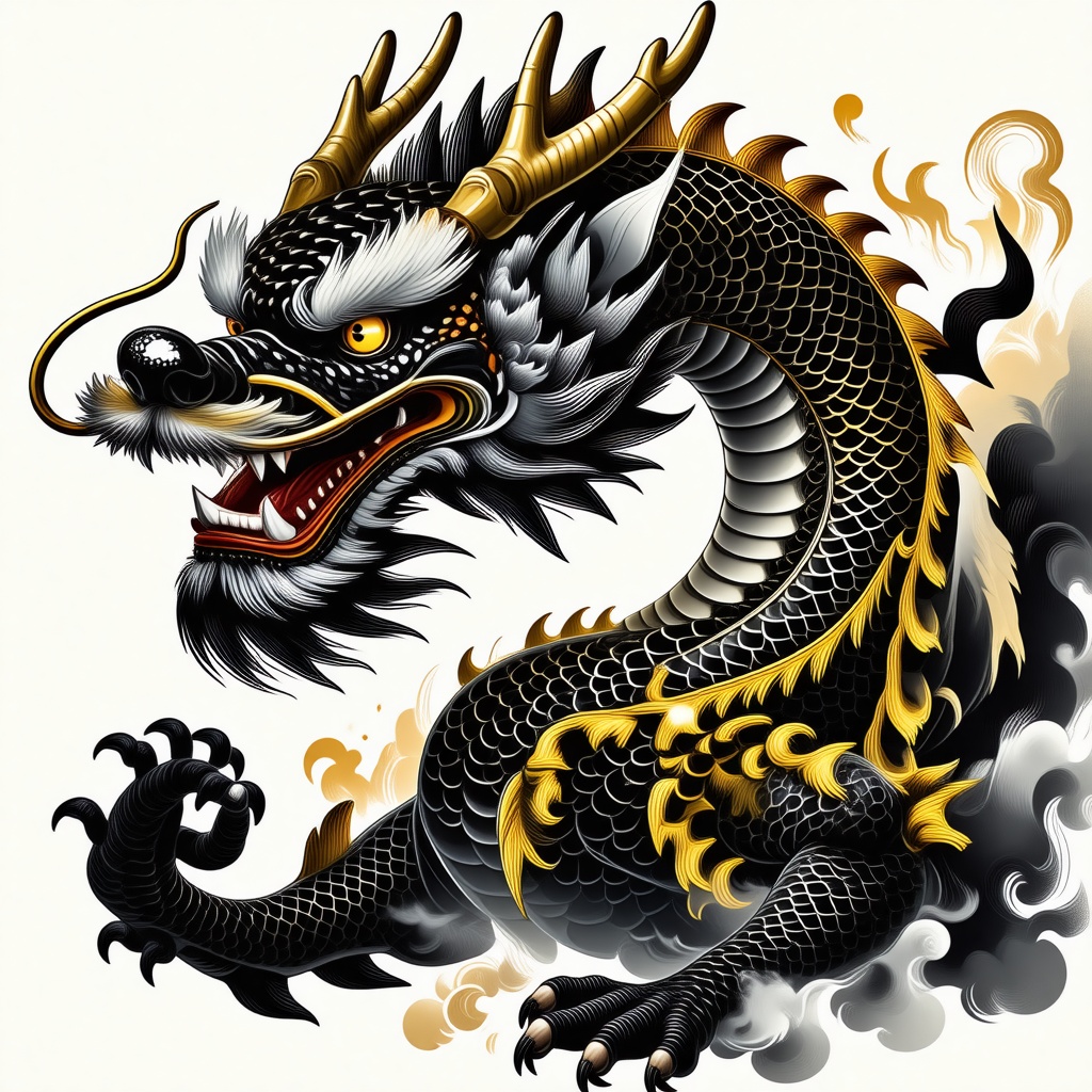 An anime Chinese dragon with black and gold speckled scales. It has yellow eyes and golden horns.