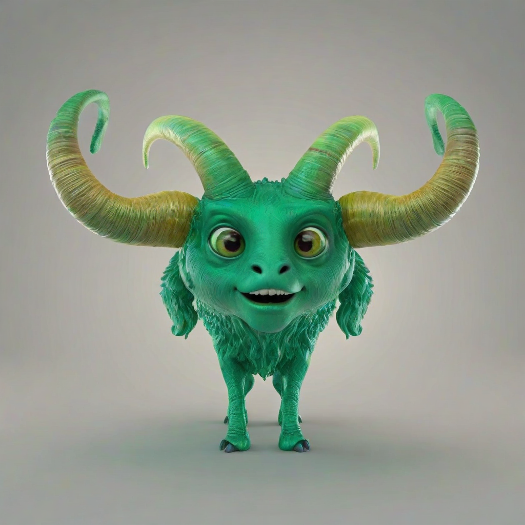 3D animated emerald colored, small eye, large mouth creature with ram horns, vivid colors, bright lighting, mystical appearance, with a happy expression on its face, on a plain white background, even lighting