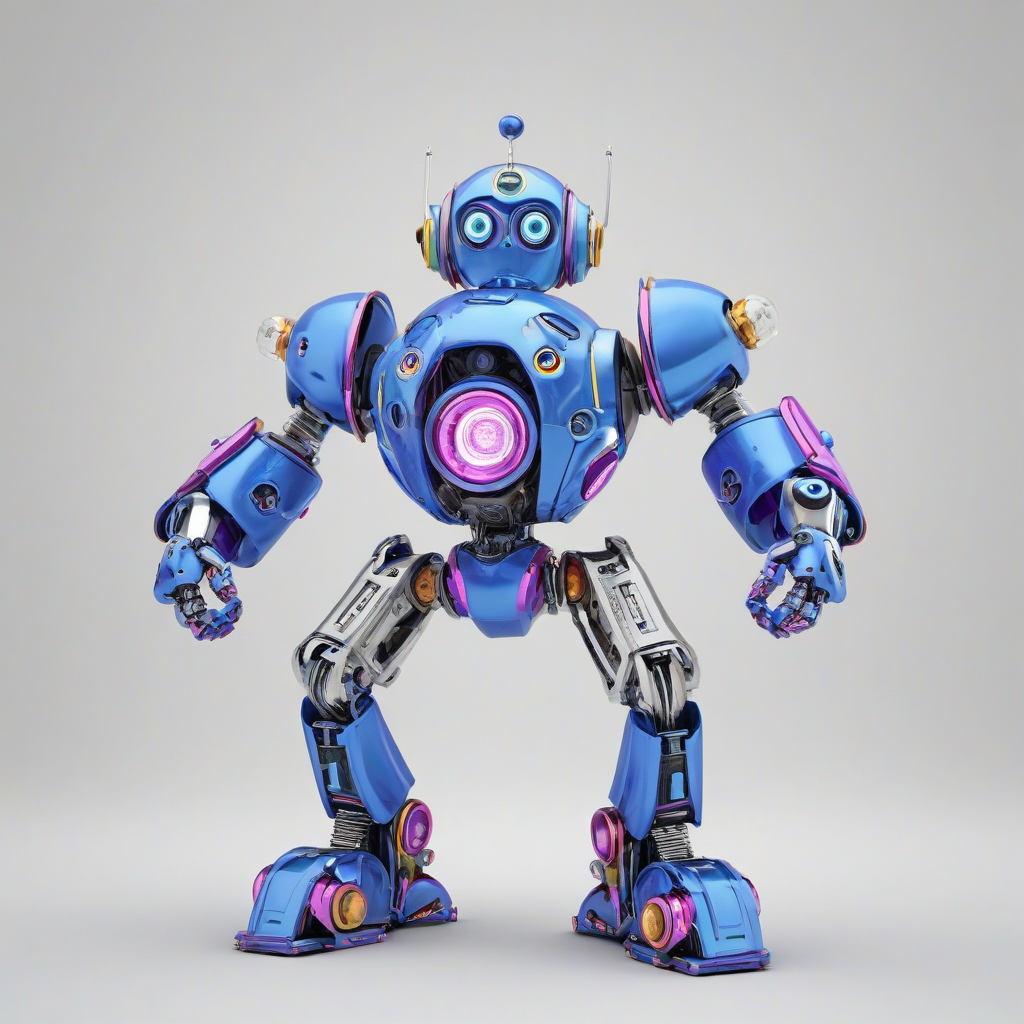 A full-body view of a periwinkle-colored robot, with a cartoon style, standing on a plain white background, with bright and vibrant colors, and a wide-angle shot, featuring a fun and playful expression, with detailed mechanical parts and a shiny metallic surface, in a digital art style with bold lines and textures, on a plain white background, even lighting