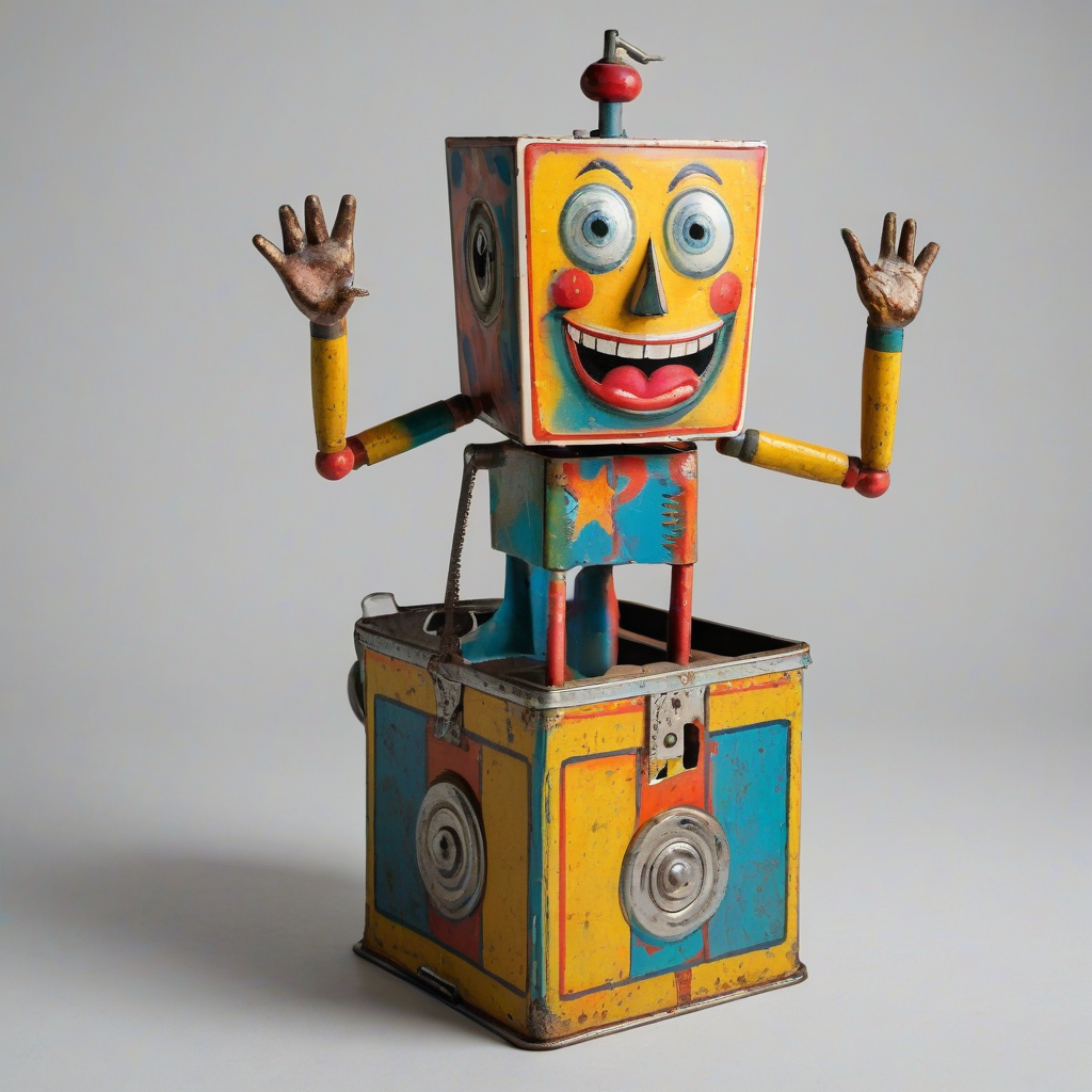 A vintage jack in the box toy, full-body view, with a colorful metal body, a surprised expression on the jack's face, and a old, worn crank on the side, on a plain white background, in a wide shot, with the lid open and the jack popped up, in the style of a nostalgic illustration from the 1950s, on a plain white background, even lighting 