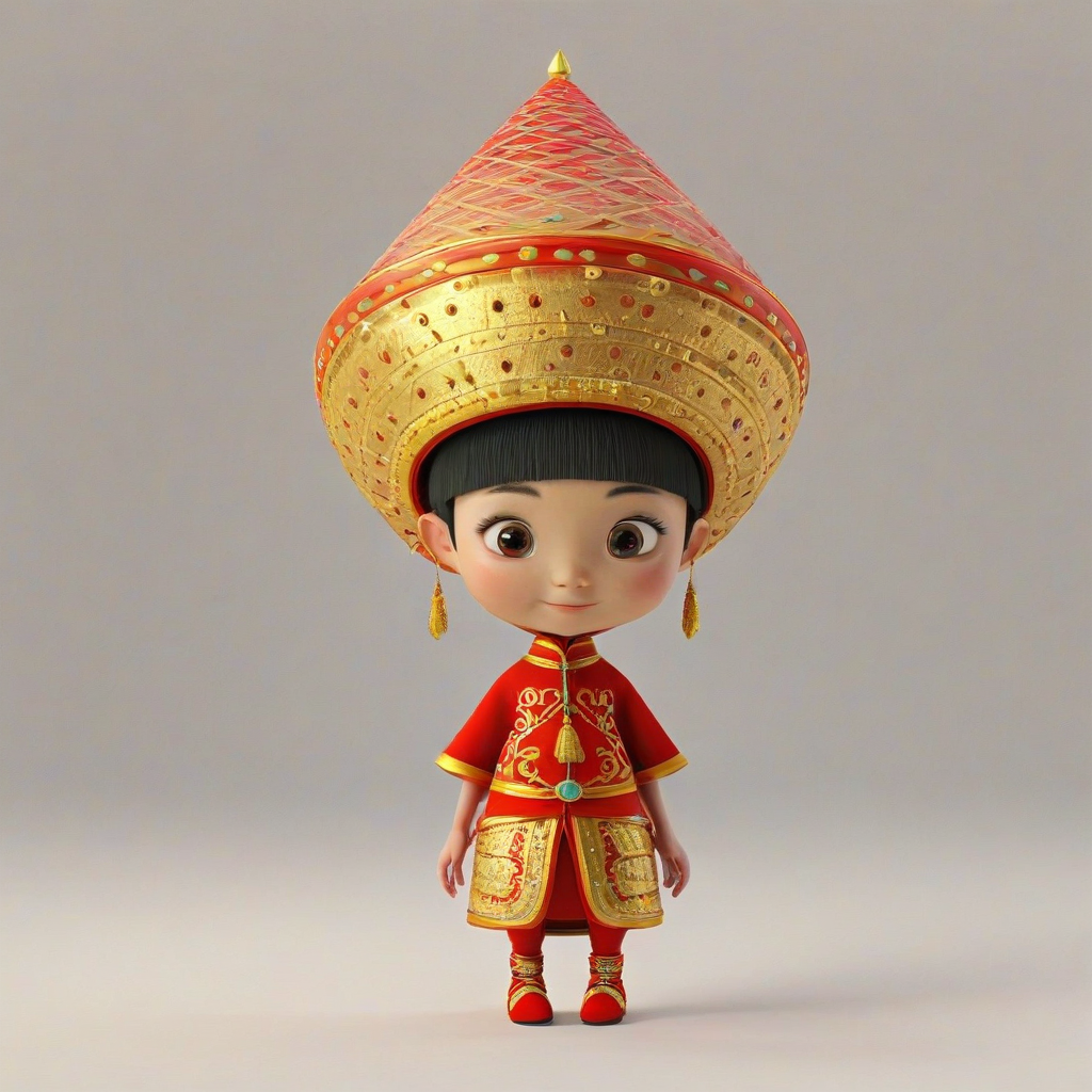 3d animation, cute, mystical creature, short body, rounded features, wearing a bright red and gold Asian conical hat, bright lighting, on a plain white background, even lighting