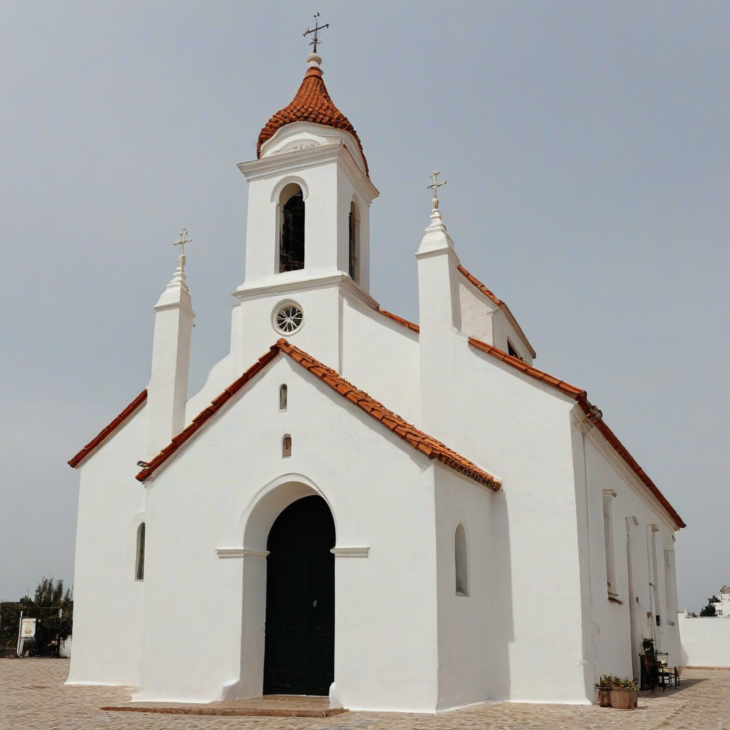 exterior of a small church, with white stucco walls, terracotta tiled roof, a tall steeple, only the church in the image, wide angle shot, fully visible, on a plain white background, even lighting