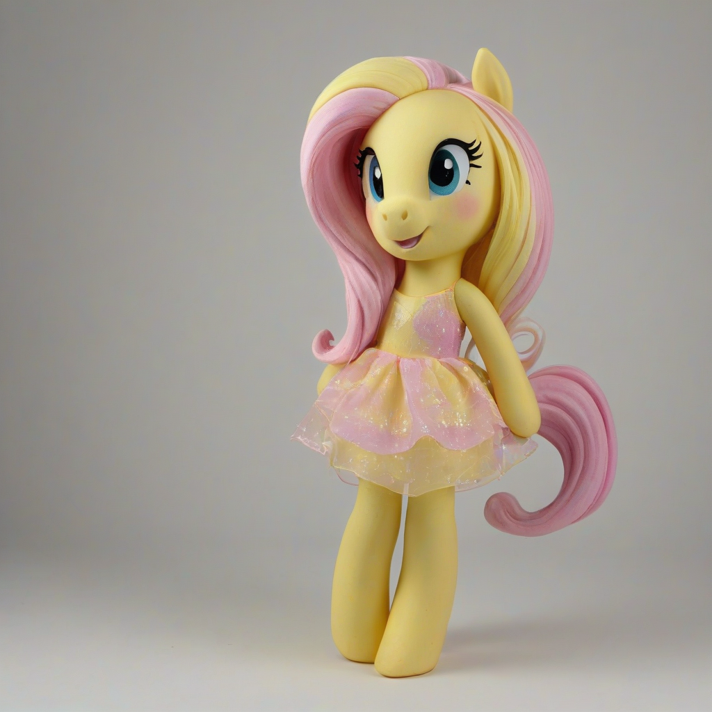 A full-body view of My Little Pony Fluttershy, with a gentle smile and sparkling eyes, wearing a yellow and pink dress, standing on a plain white background, with soft, warm lighting and a shallow depth of field, in a whimsical, cartoonish style, with bold lines and vibrant colors, on a plain white background, even lighting 