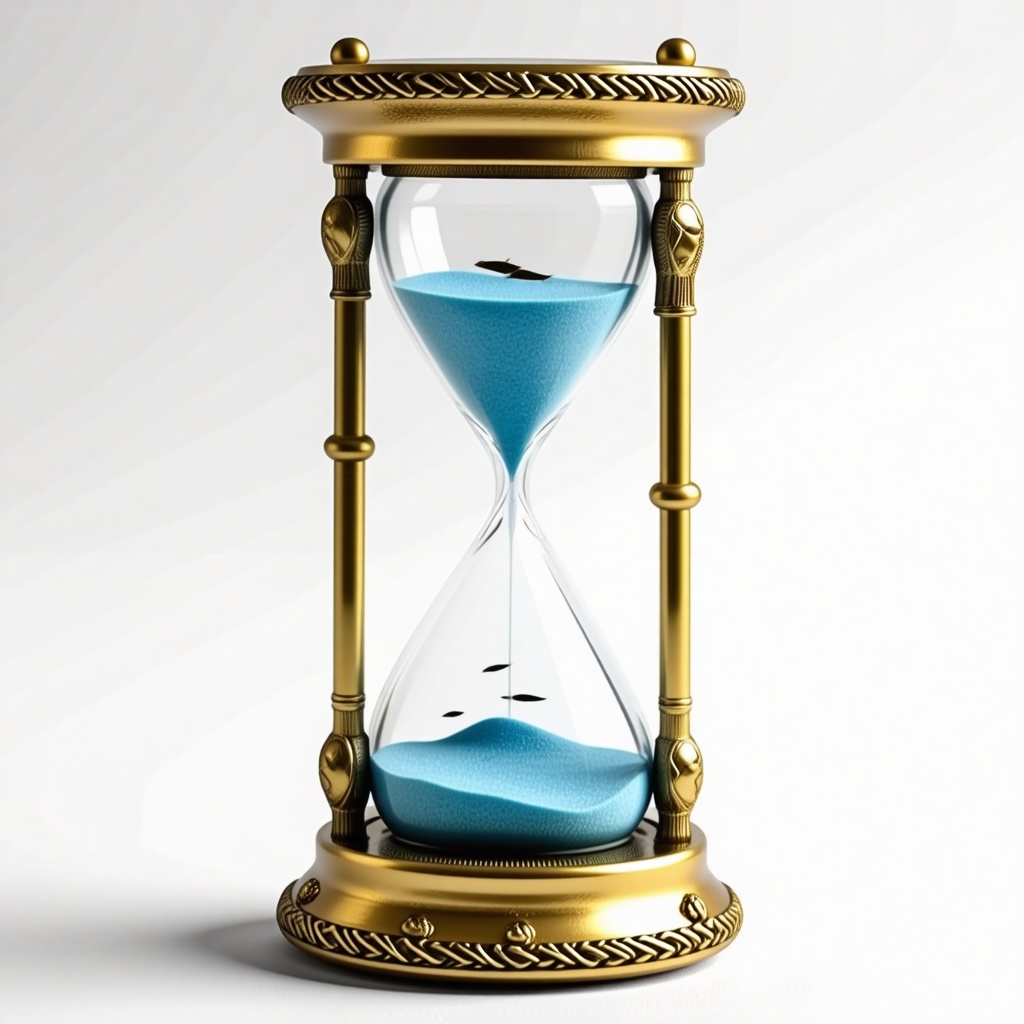 An hourglass with half of the sand in the top and half in the bottom. The sand is actually blue ocean water with tiny tiny little fish in it. The hourglass is encased in a golden metal frame with nautical themed serpents and octopi engraved into the frame.