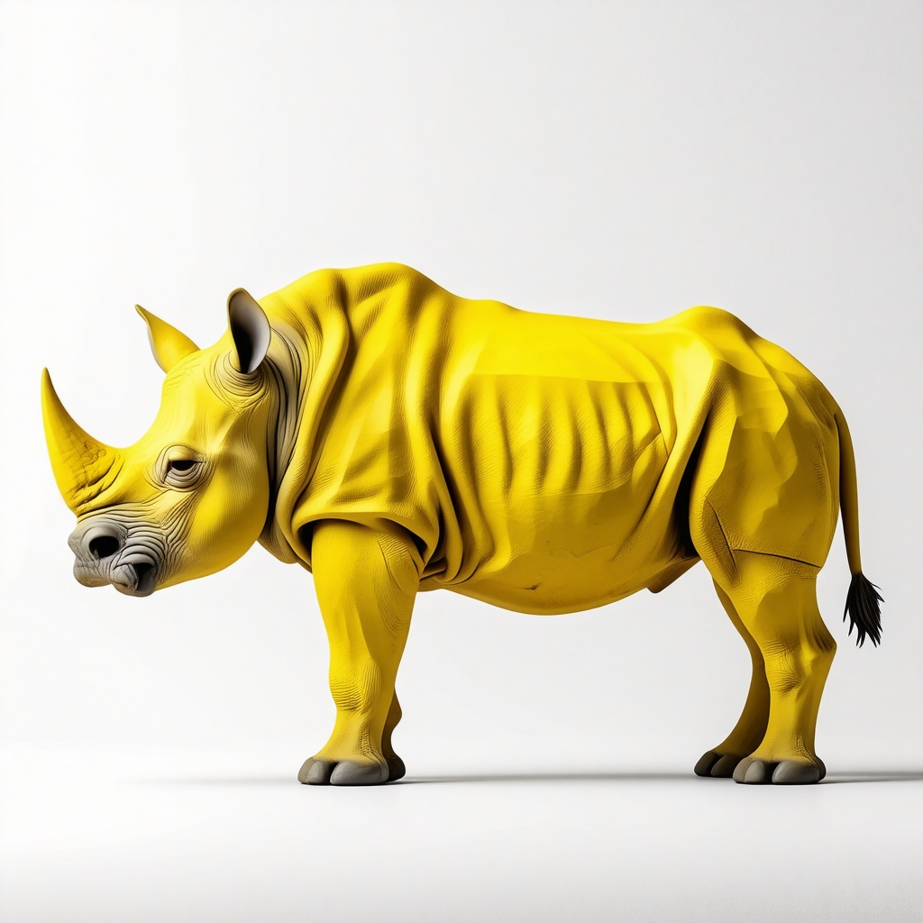A yellow, full-body view of a rhinoceros on a plain white background, in the style of brutalist architecture, with sharp lines and geometric shapes, wide shot, with the animal's feet visible, and a bright yellow color palette