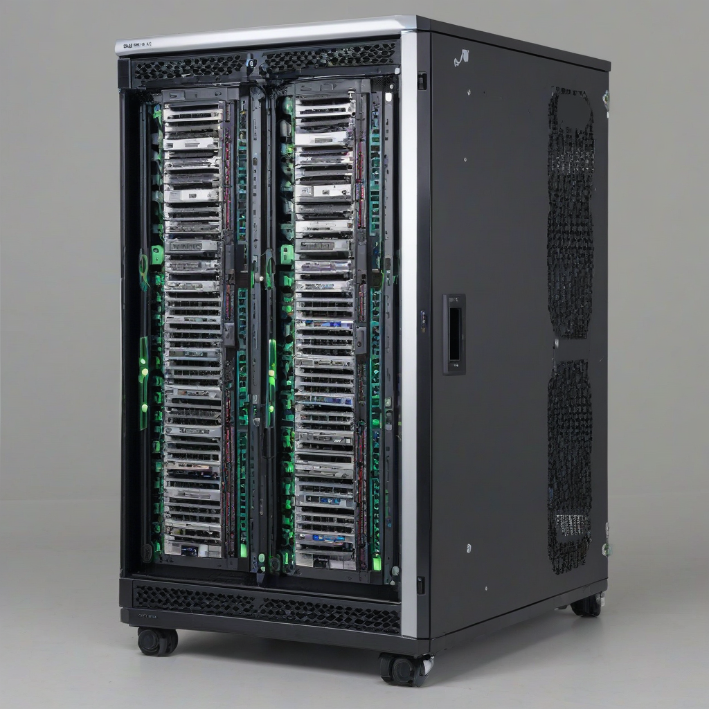 Ultra-photorealistic 42U APC NetShelter SX server rack, black metal frame, loaded with Dell PowerEdge & HPE ProLiant servers, crystal-clear front bezels, handles, blinking LEDs, cables, 45° front view, plain white background
