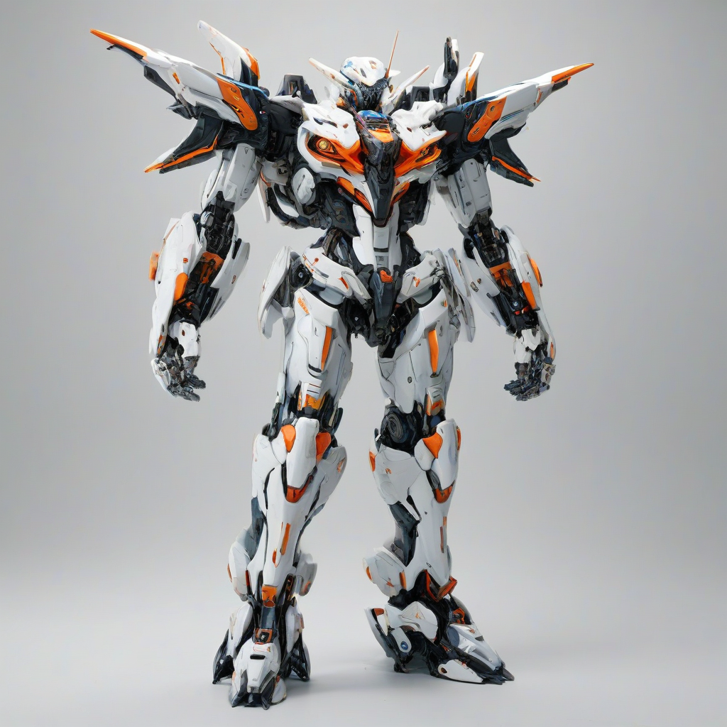 A full-body view of a highly detailed anime mecha, with a sleek and futuristic design, standing on a plain white background, with vibrant colors and dynamic lighting, in a wide-angle shot, with visible feet and a sense of depth, in the style of a digital illustration, on a plain white background, even lighting, on a plain white background, even lighting 
