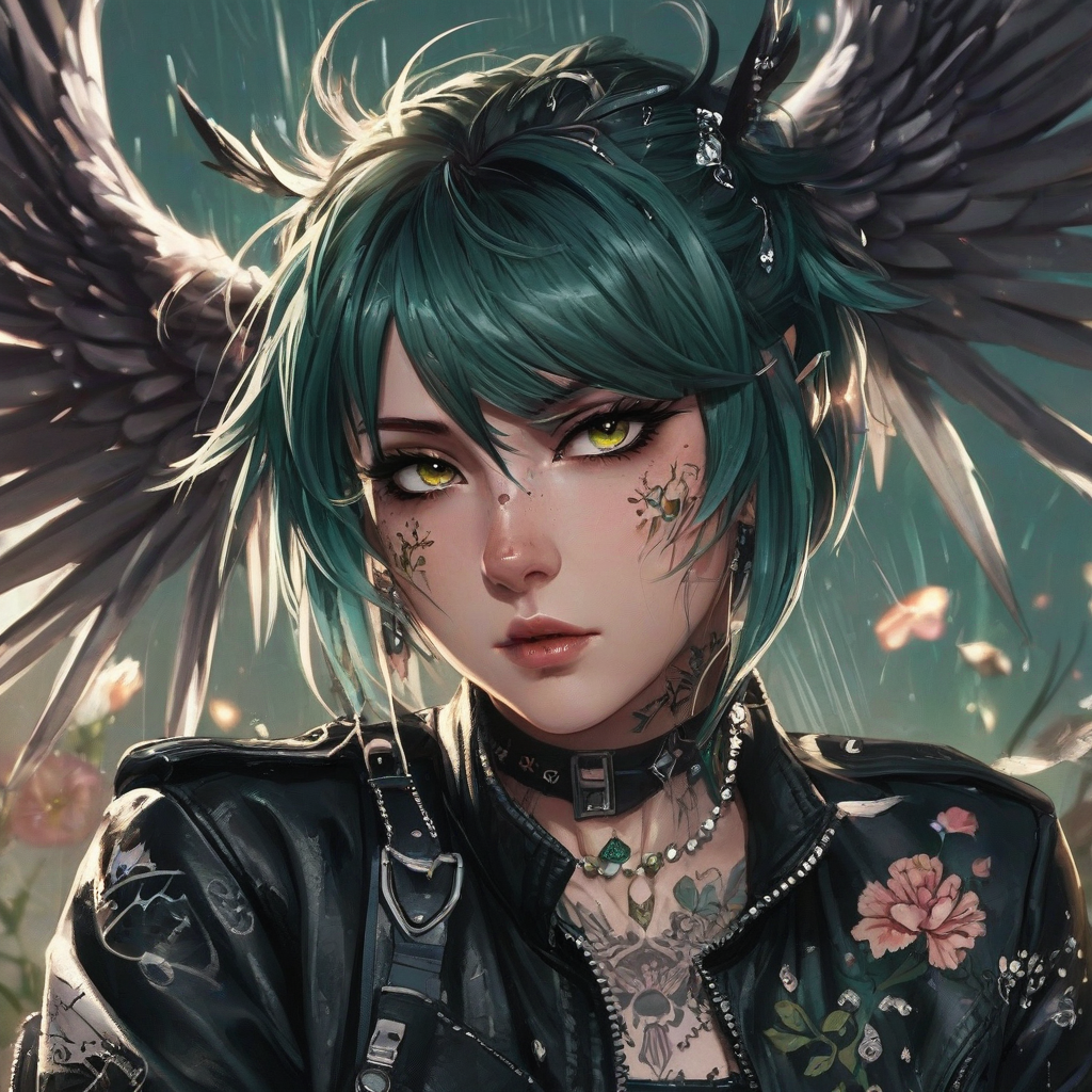 Headshot of digital anime girl with half shaved head, wild poofy dark green hair, sparkling jewels, floral tattoos, eyeliner wings, fierce expression, zipped leather jacket