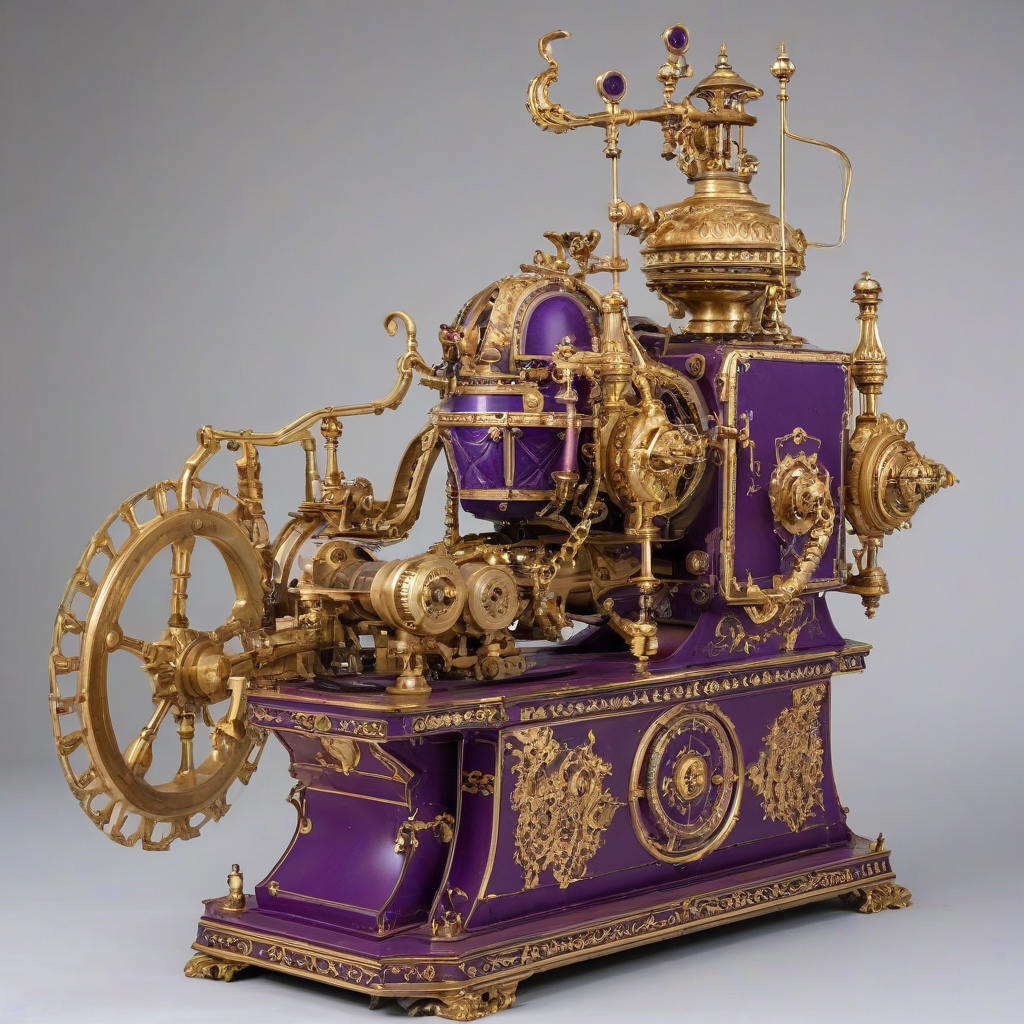 A detailed, full-body view of industrial equipment, with a predominantly purple color scheme, in the style of Rococo, set against a plain white background, with intricate golden accents and ornate details, wide shot with all components visible