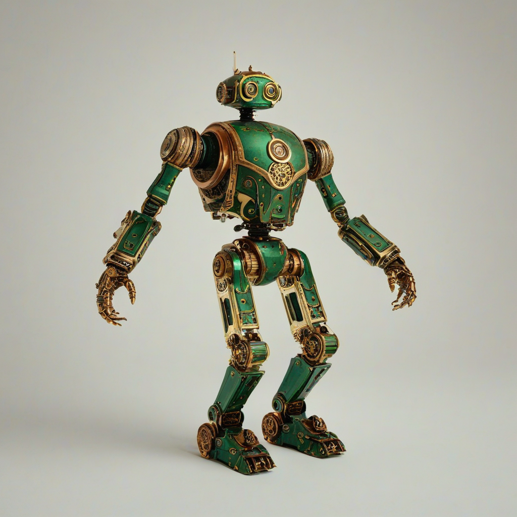 A green, Victorian-style robot with intricate brass details and copper filigree, set against a plain white background, in a full-body view with its feet visible, with a warm, golden lighting and a sense of nostalgia, in the style of a vintage illustration, on a plain white background, even lighting