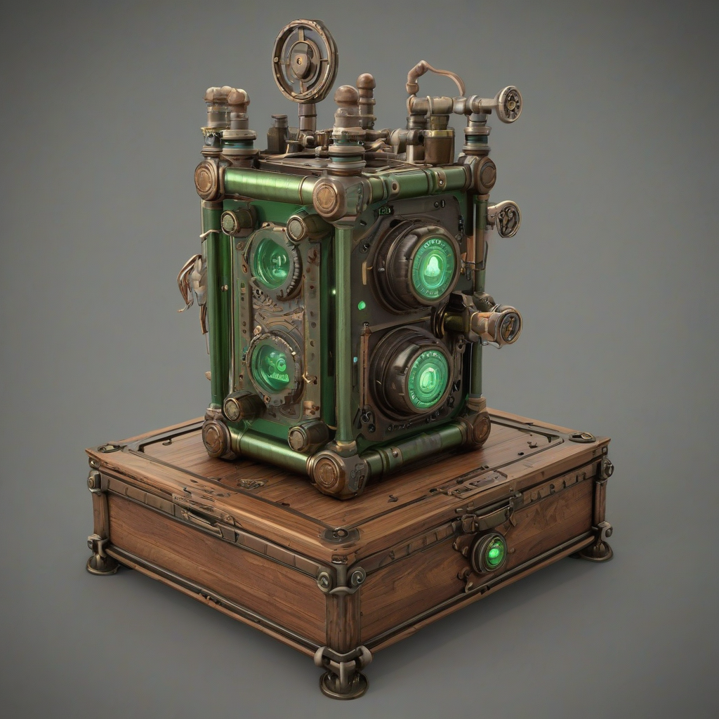 A steampunk-style mechanical device made of metal and wood, rendered in a stylized, high-poly 3D video game asset style. The main body is a wooden and metal-framed box housing two green energy canisters with rune-like metal engravings, detailed with subtle texture and shading. The front features brass knobs and gauges for monitoring energy or pressure, with a subtle glow effect. Metal pipes extend from the sides, connecting to a cylindrical unit with diamond-shaped decorations. Antennas and mechanical rods are mounted on the top and back, blending magic with technology for a mysterious and advanced look, on a plain white background with even lighting.