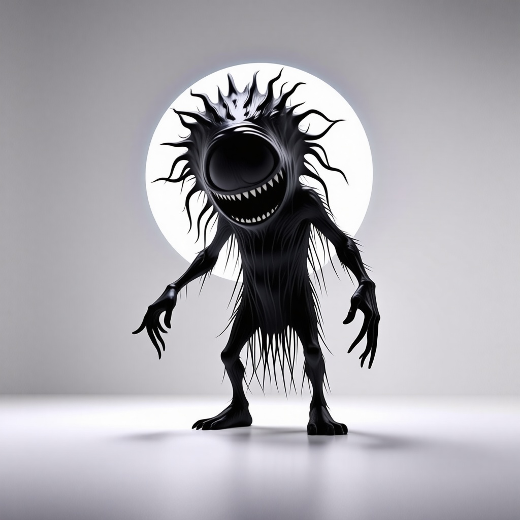 a black crazy looking creature with a white halo behind it