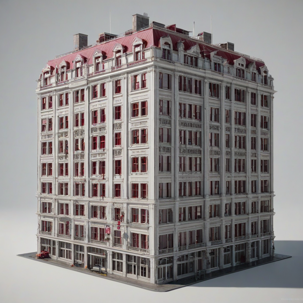 A detailed, realistic building named Ruby, wide shot, on a plain white background, on a plain white background, even lighting 