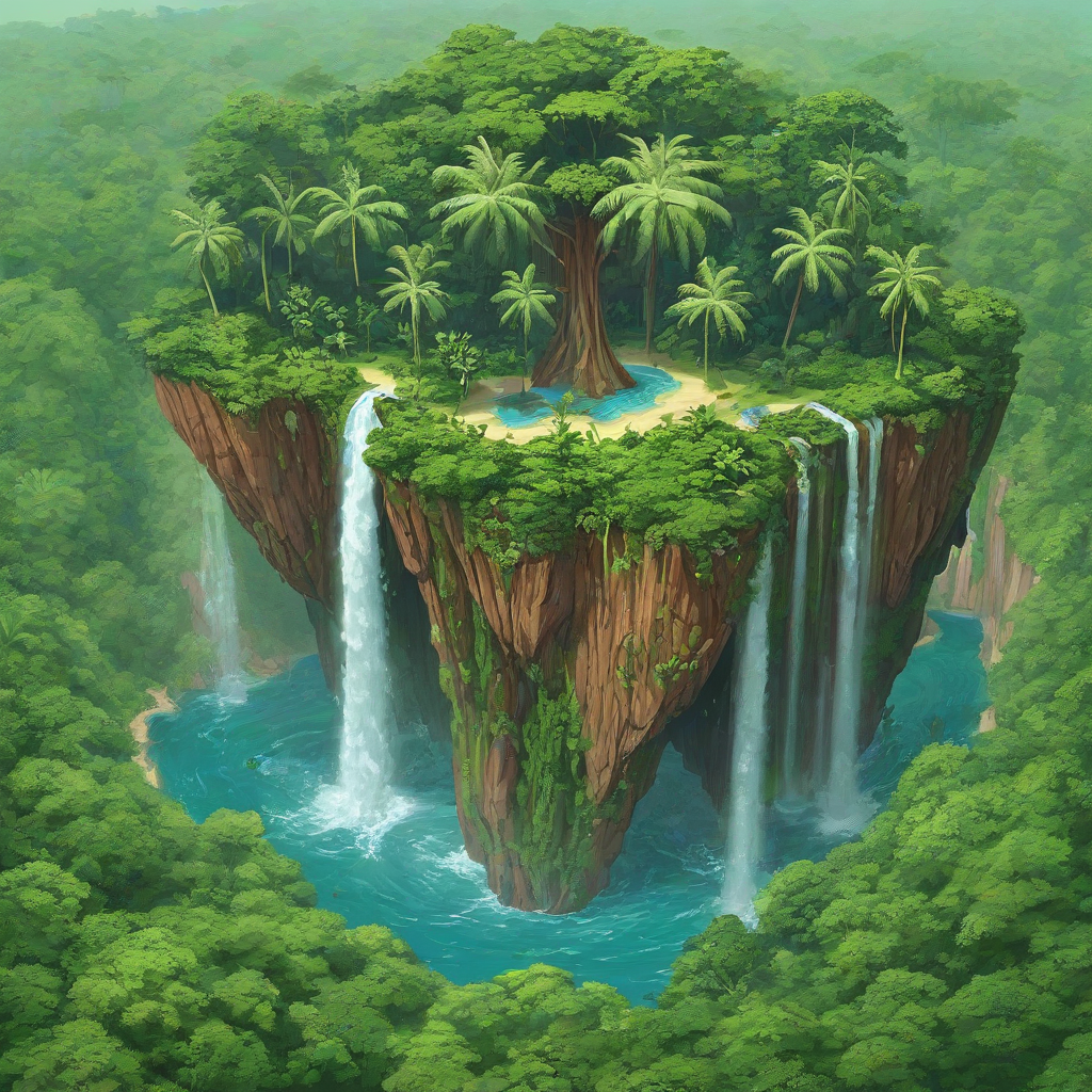 Flat art of a floating island of a rainforest with a tall waterfall