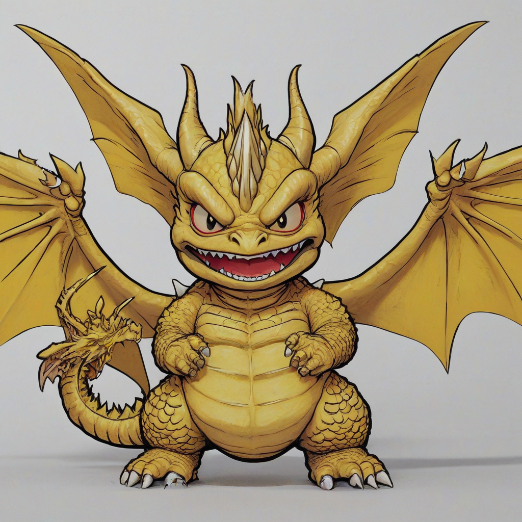 Chibi style King Ghidorah, enemy of Godzilla, full-body view, wide shot, feet visible, on a plain white background, with a cartoonish and exaggerated expression, vibrant colors, and dynamic shading, in the style of Japanese anime and manga, with bold lines and textures, on a plain white background, even lighting 