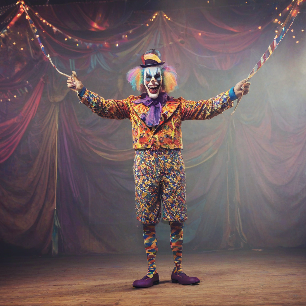 Colorful monster performing at circus, full-body view, creepy circus background