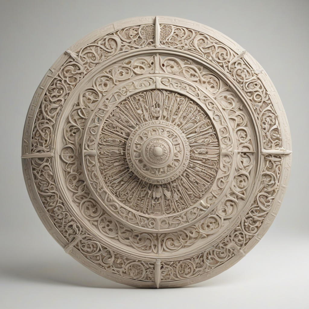 A highly detailed, full-body view, concept art of a large, ivory shield with intricate carvings and ornate designs, set against a plain white background, with a wide-angle shot and soft, diffused lighting to emphasize the texture and pattern of the shield