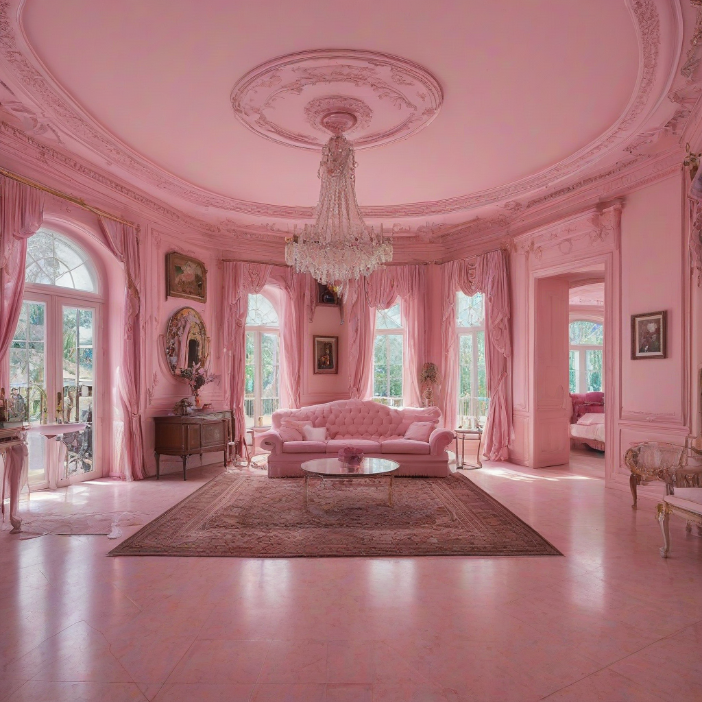 the inside of a pink mansion