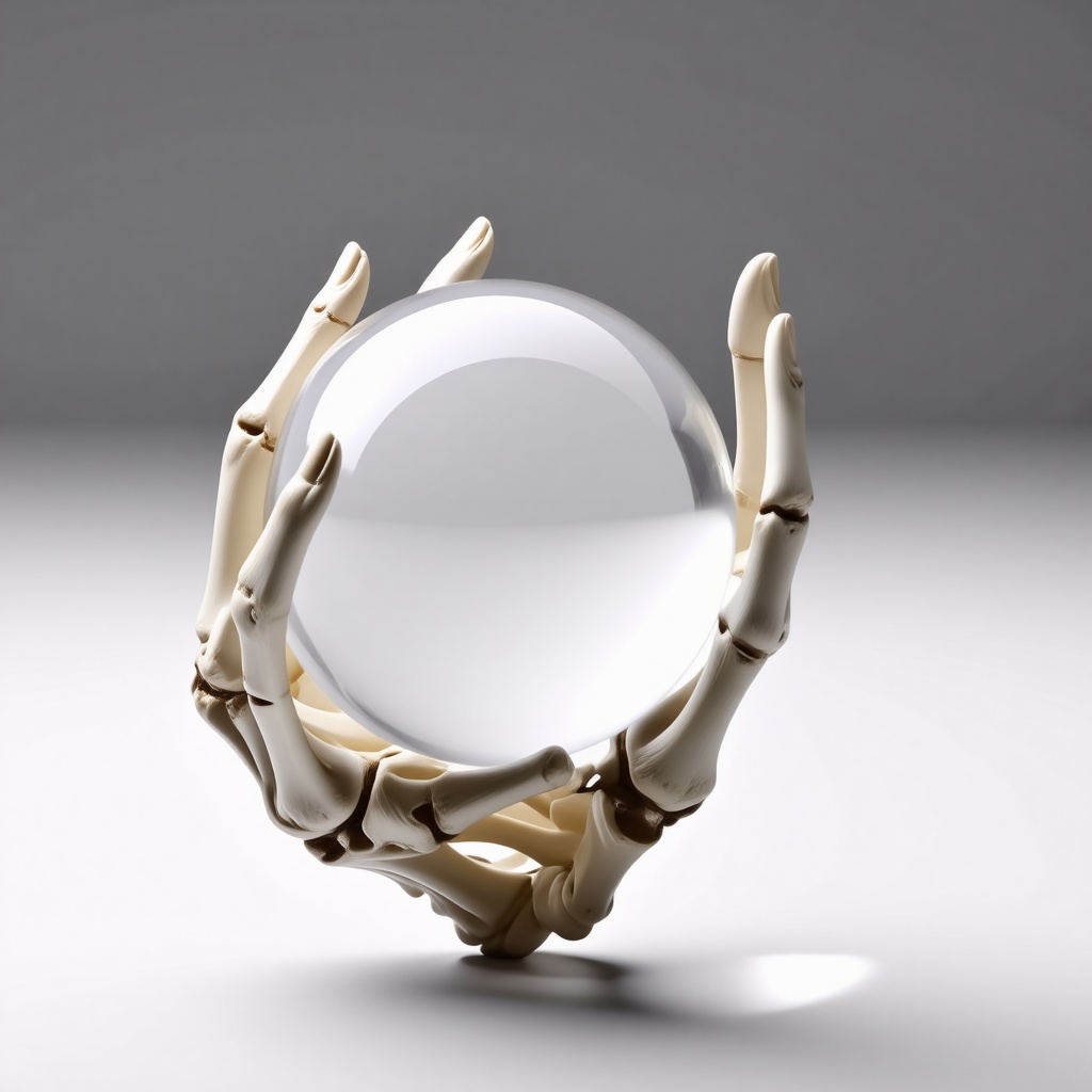 A skeleton of a human hand holding a crystal ball