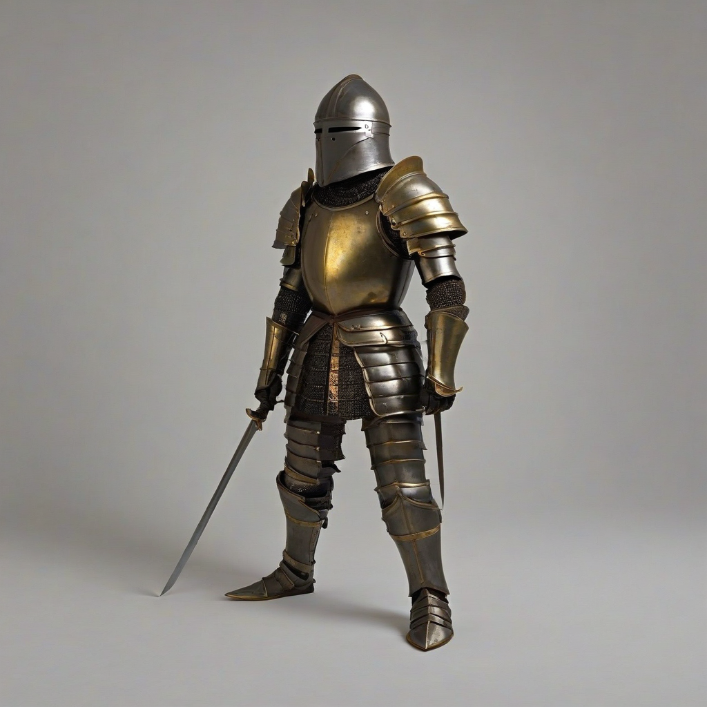 A hyperrealistic, full-body view of a single piece of medieval armor, made of dark brown metal, with a chocolate bar placed on top of it, against a plain white background, with soft, natural lighting and subtle shadows, in a wide shot, with the armor's intricate details and textures clearly visible, and the chocolate bar wrapped in a golden foil, on a plain white background, even lighting