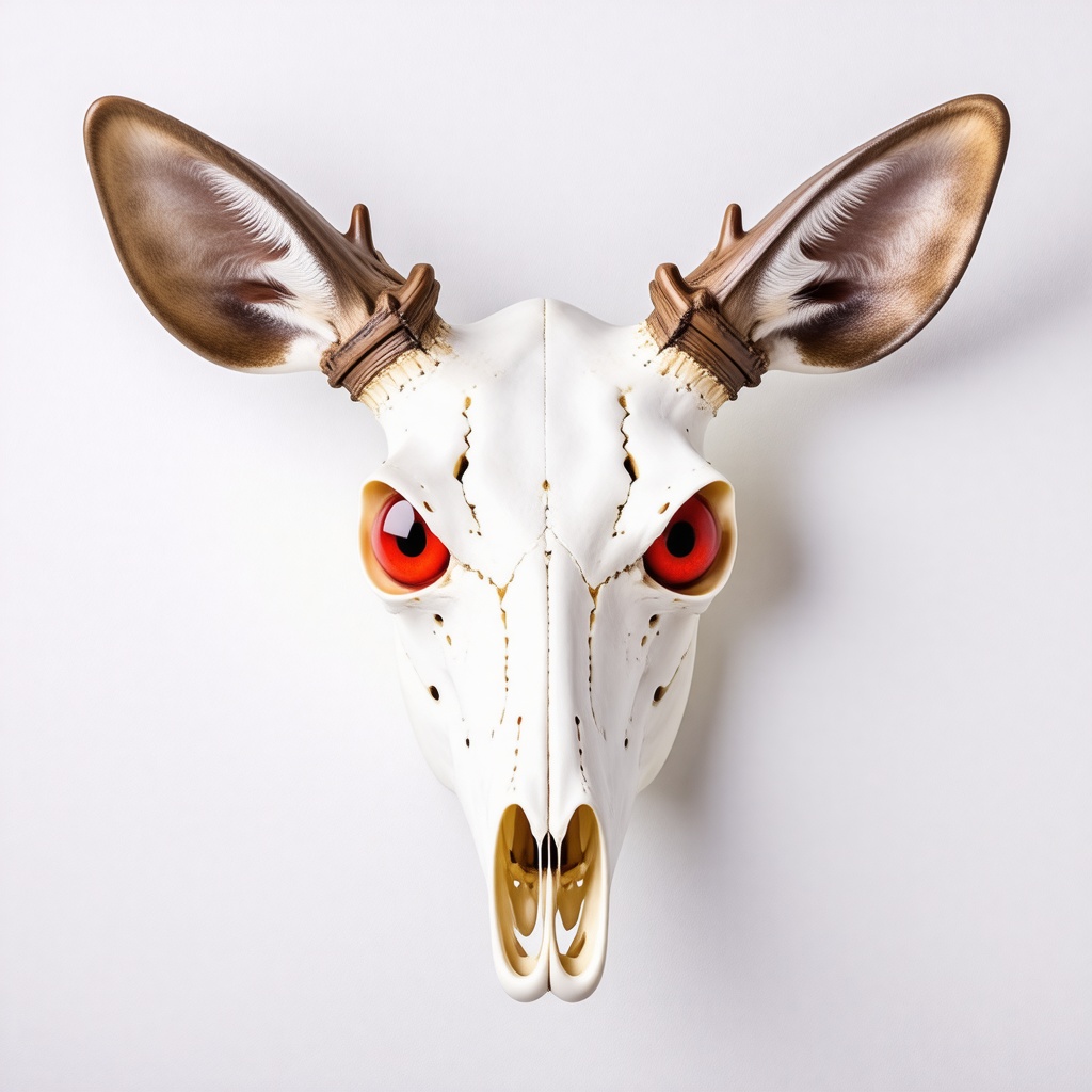 A deer skull with bright red eyeballs in the eye sockets