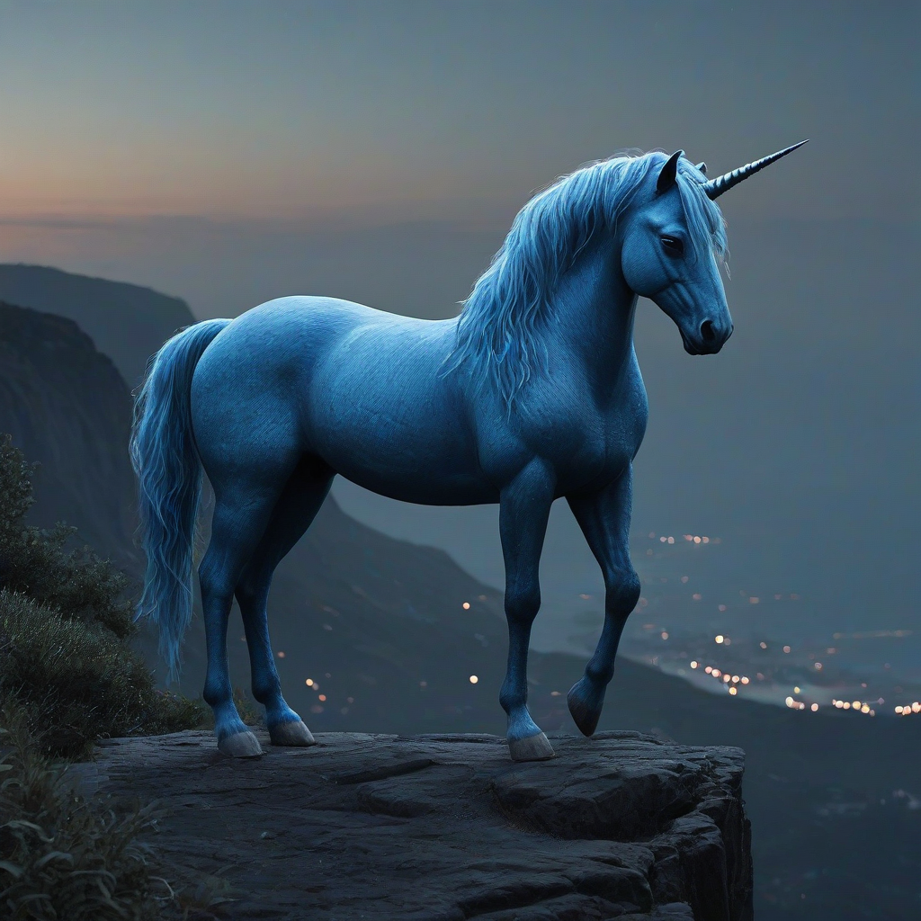 make a realistic blue unicorn standing on a cliff at night