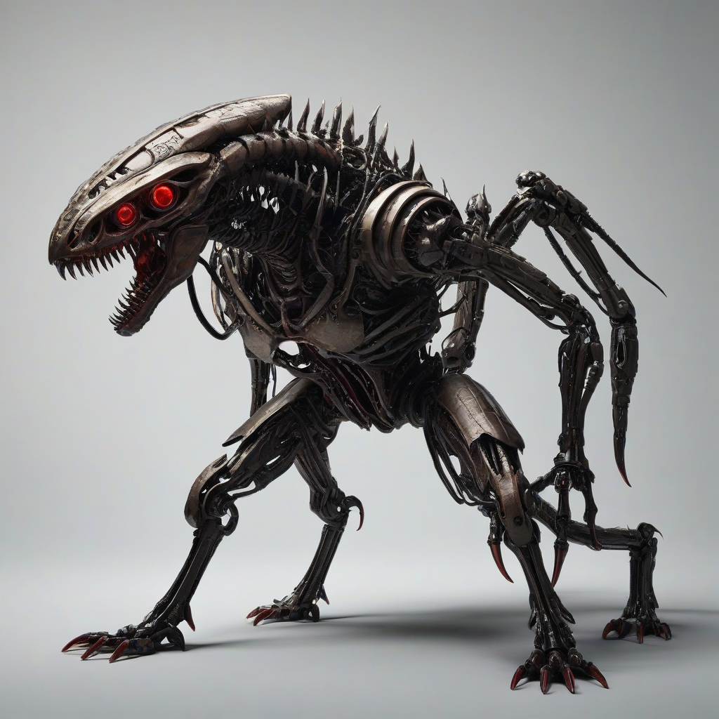 A detailed, full-body view of a brown, cyberpunk alien parasite with metallic exoskeleton, sharp teeth, and glowing red eyes, set against a plain white background, in a wide shot, with dynamic shadows and a dark, gritty atmosphere, digital art style, high contrast, intricate details