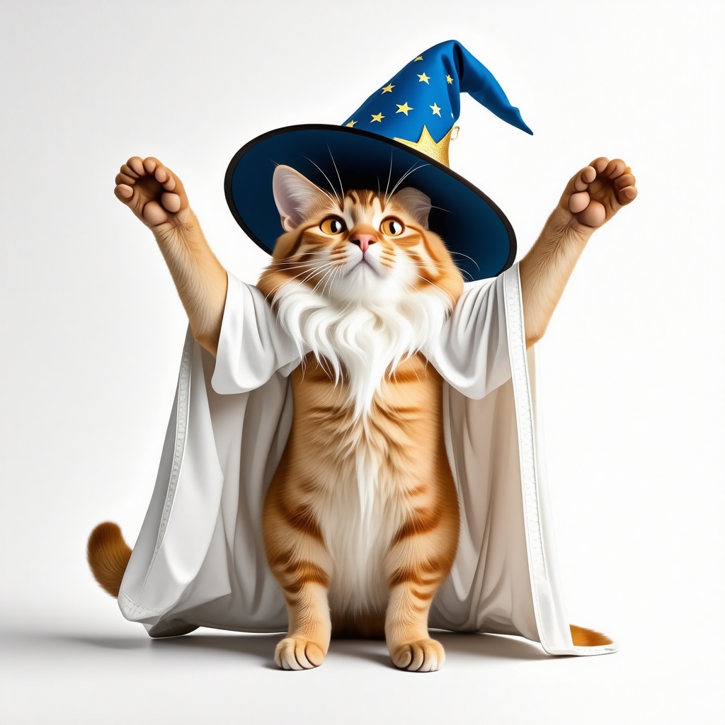 A full-body view of a cartoon orange tabby cat named Jerry, wearing a long and flowy white cape, a blue wizard hat with tiny golden stars on it, and a long white beard, striking a dramatic pose with his paws reached above his head, with a determined expression on his face, on a plain white background, in a wide shot, with his feet visible, in the style of a fantasy illustration, with dynamic shadows and a backlight, and a fish-eye lens effect for a curved look