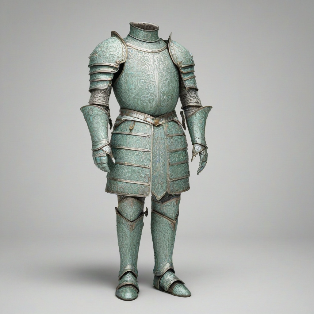 A full-body view of a medieval piece of armor, colored in mint, with intricate engravings, on a plain white background, wide shot, with the armor's details and textures clearly visible, in a digital art style with a mix of realistic and fantasy elements