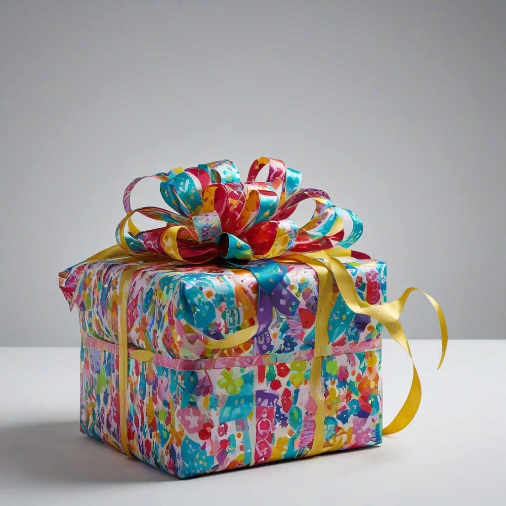 birthday present with colorful wrapping paper and a big ribbon and bow on it, wide angle , bright lighting, on a plain white background, even lighting