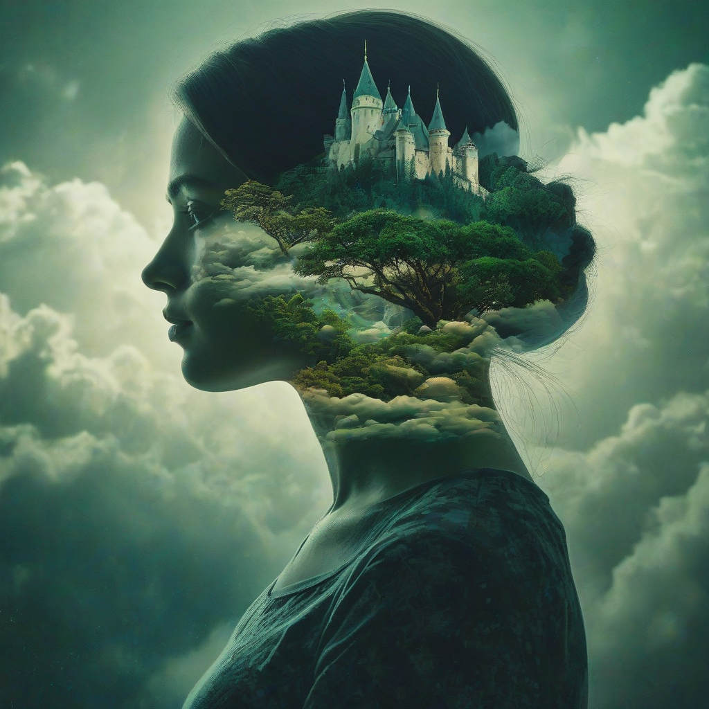 Double exposure portrait of a woman's head in profile, filled with a surreal dreamscape featuring a majestic fantasy castle nestled in clouds and lush green forests, detailed, realistic, atmospheric lighting, high resolution, no humanistic qualities, only show the surrealist landscape in the silhouetted shape of the head