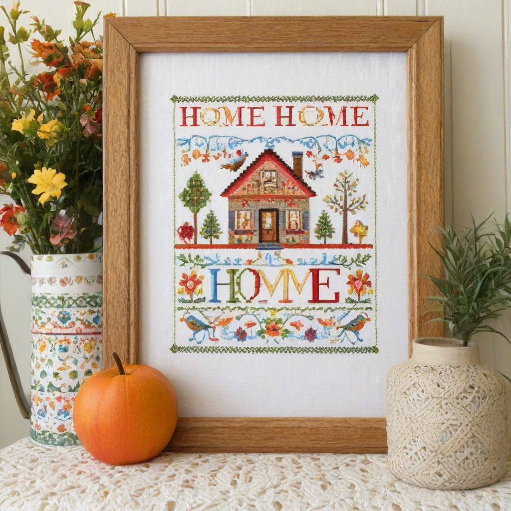 A colorful 'Home Sweet Home' sign done in a cross stitch pattern, with a wide shot of the entire sign, on a plain white background, in a digital art style with a folk art influence, with bold lines and bright colors, full-body view of the sign, with the text 'Home Sweet Home' prominently displayed in a decorative font, with a mix of straight and curved stitches, and a subtle texture to give it a handmade feel