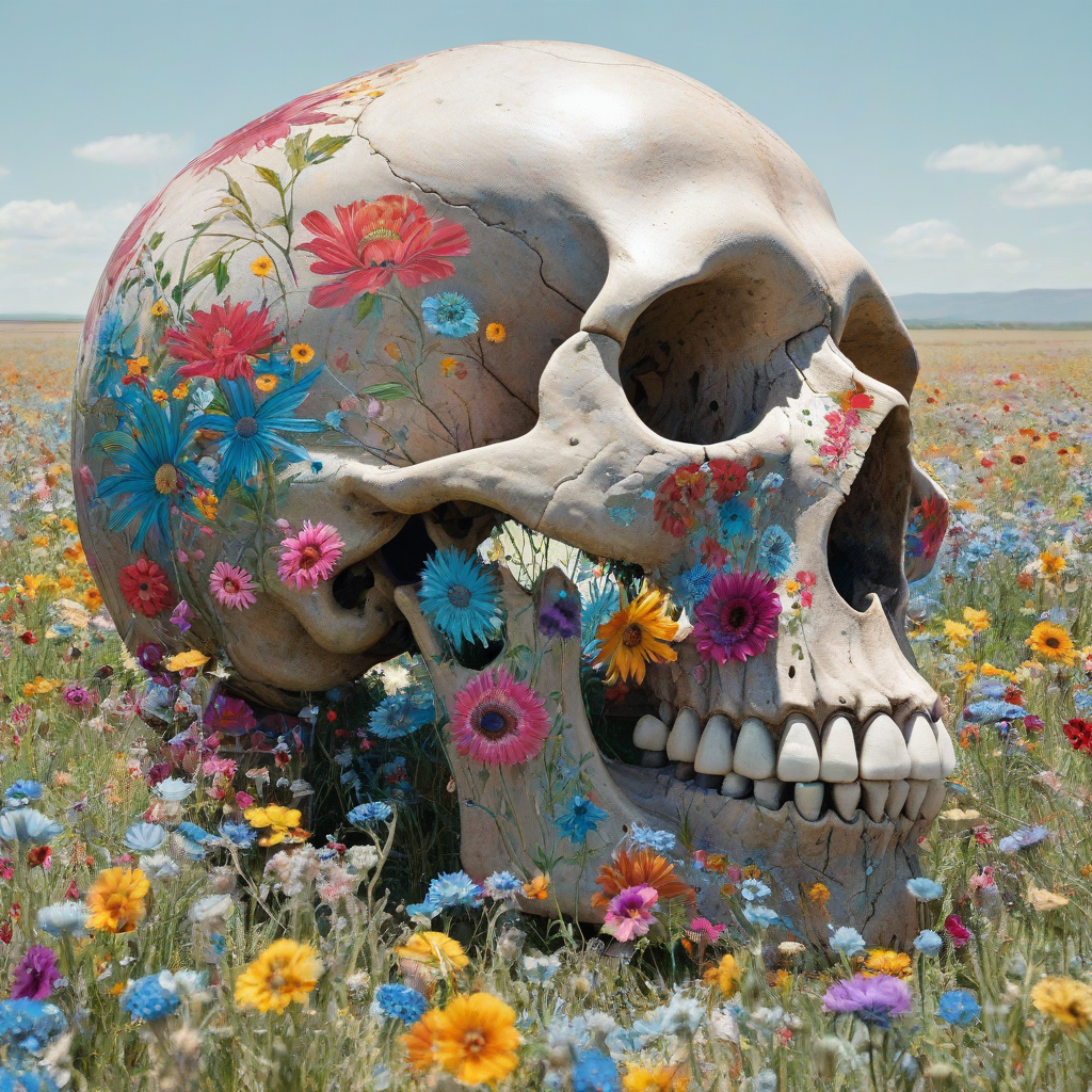 A dreamlike surrealist image of a massive skull in profile view, set in a dreamy field with vibrant colors and flowers blooming around it, set on a plain white background.
