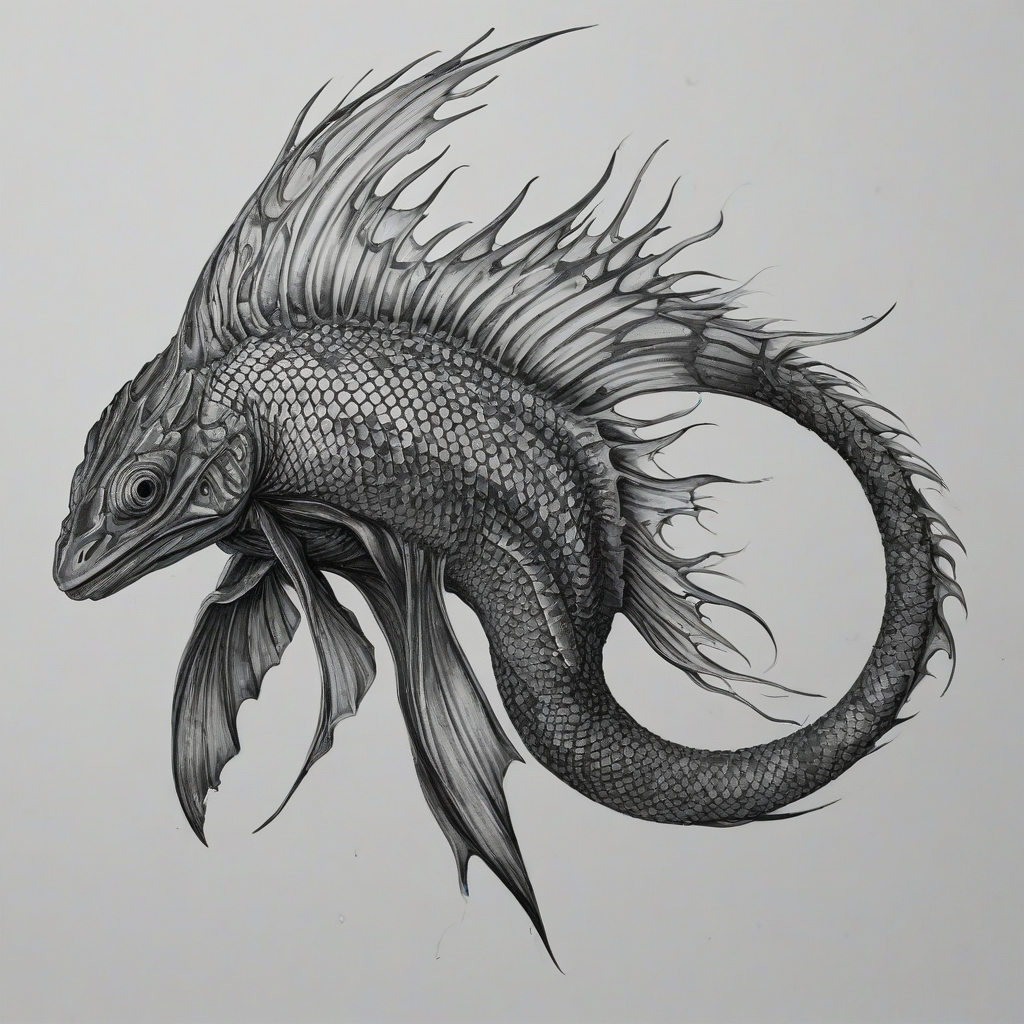 A full-body view of a majestic sea creature, drawn in a detailed charcoal anime style, with intricate scales and flowing fins, set against a plain white background, with dynamic shading and expressive lines, in a wide shot, with the creature's entire body visible, including its tail and fins, in a dramatic pose, as if swimming through the ocean, on a plain white background, even lighting