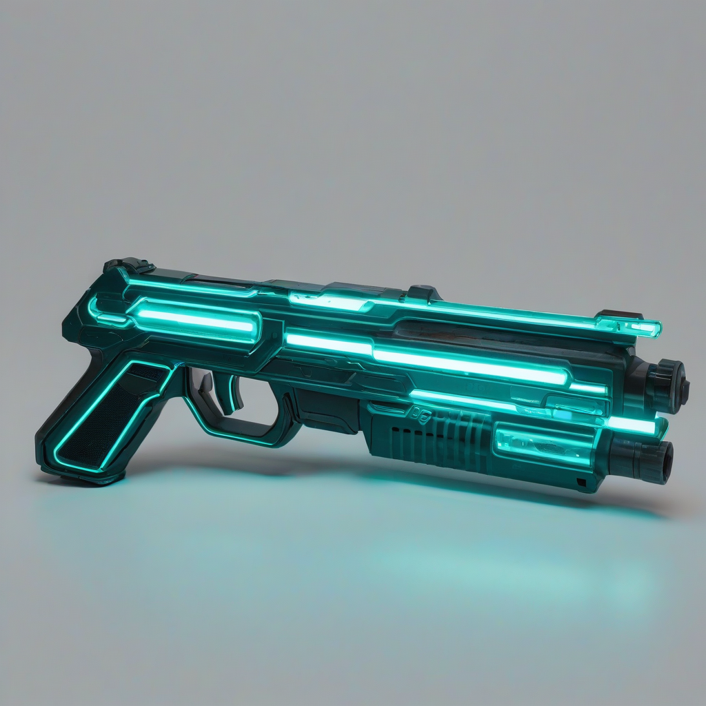 A teal, retro-futuristic gun, with a neon glow, on a plain white background, even lighting