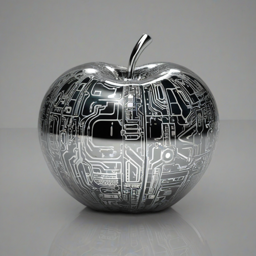 A shiny silver apple with a metallic sheen, reflective surface, and intricate circuitry patterns, on a plain white background, full-body view, wide shot, with feet visible, in a sci-fi setting, with neon lights and a futuristic atmosphere, digital art style, high contrast, and dynamic shadows, on a plain white background, even lighting 