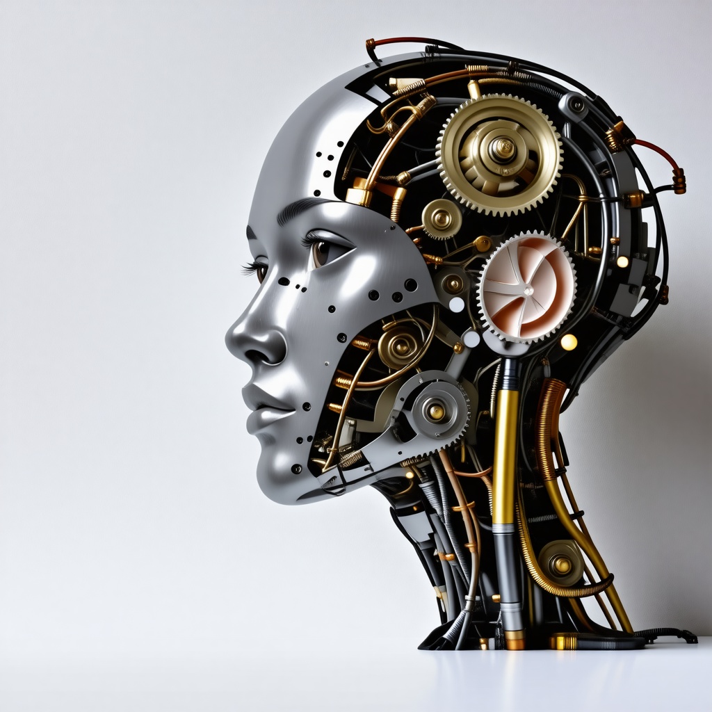 a mechanical mannequin made out of gears, electrical wires, sheets of metal, and lightbulbs