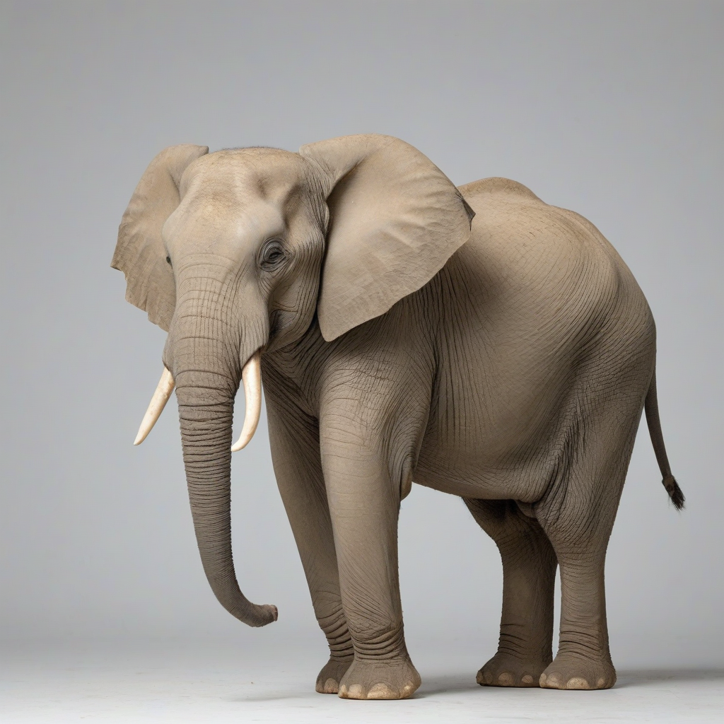 Ivory elephant in a wide shot, full-body view, on a plain white background, realistic style