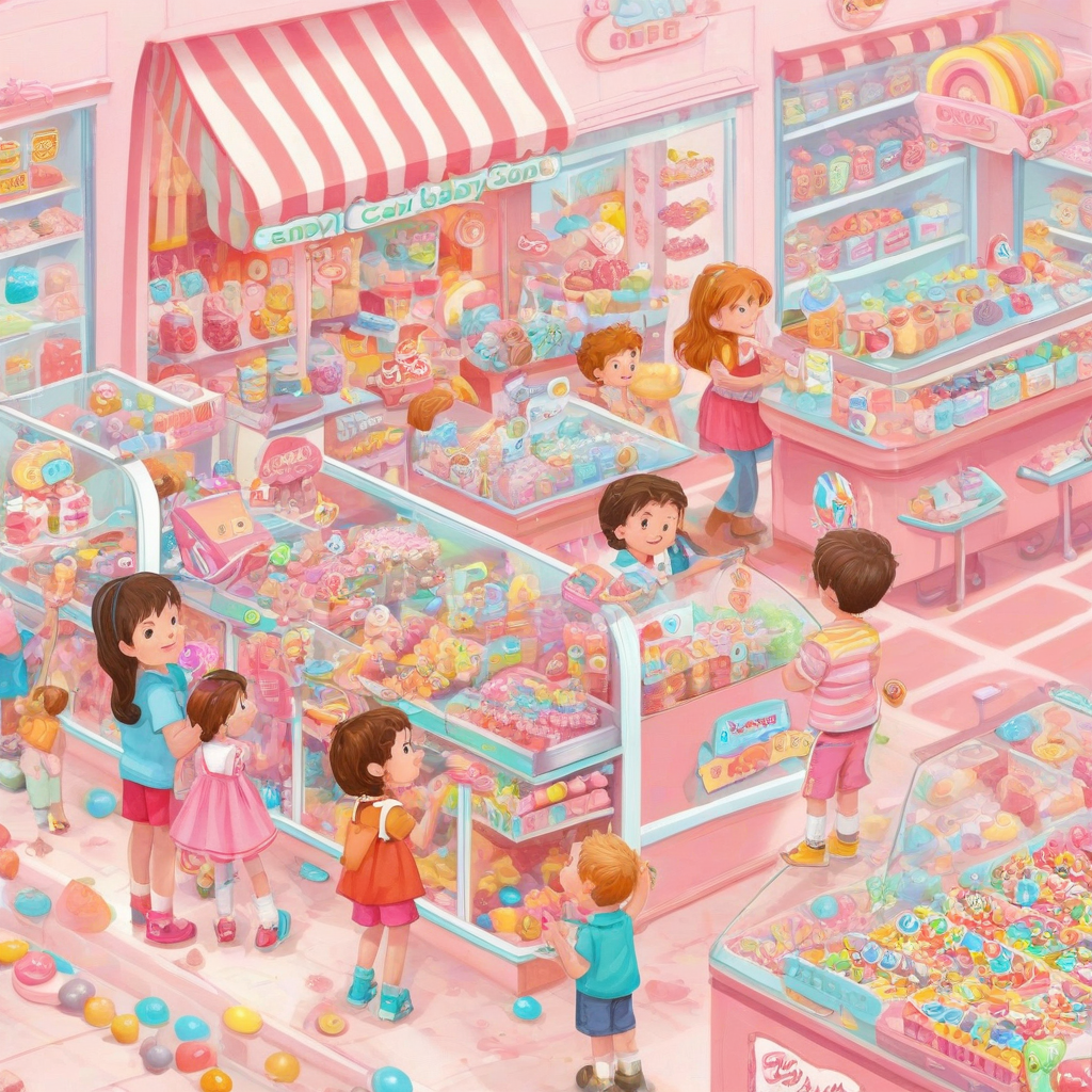 Cartoon soft edge style candy shop in sweet pastel colors, with cartoon style kids picking out candy, full-body view, on a plain white background