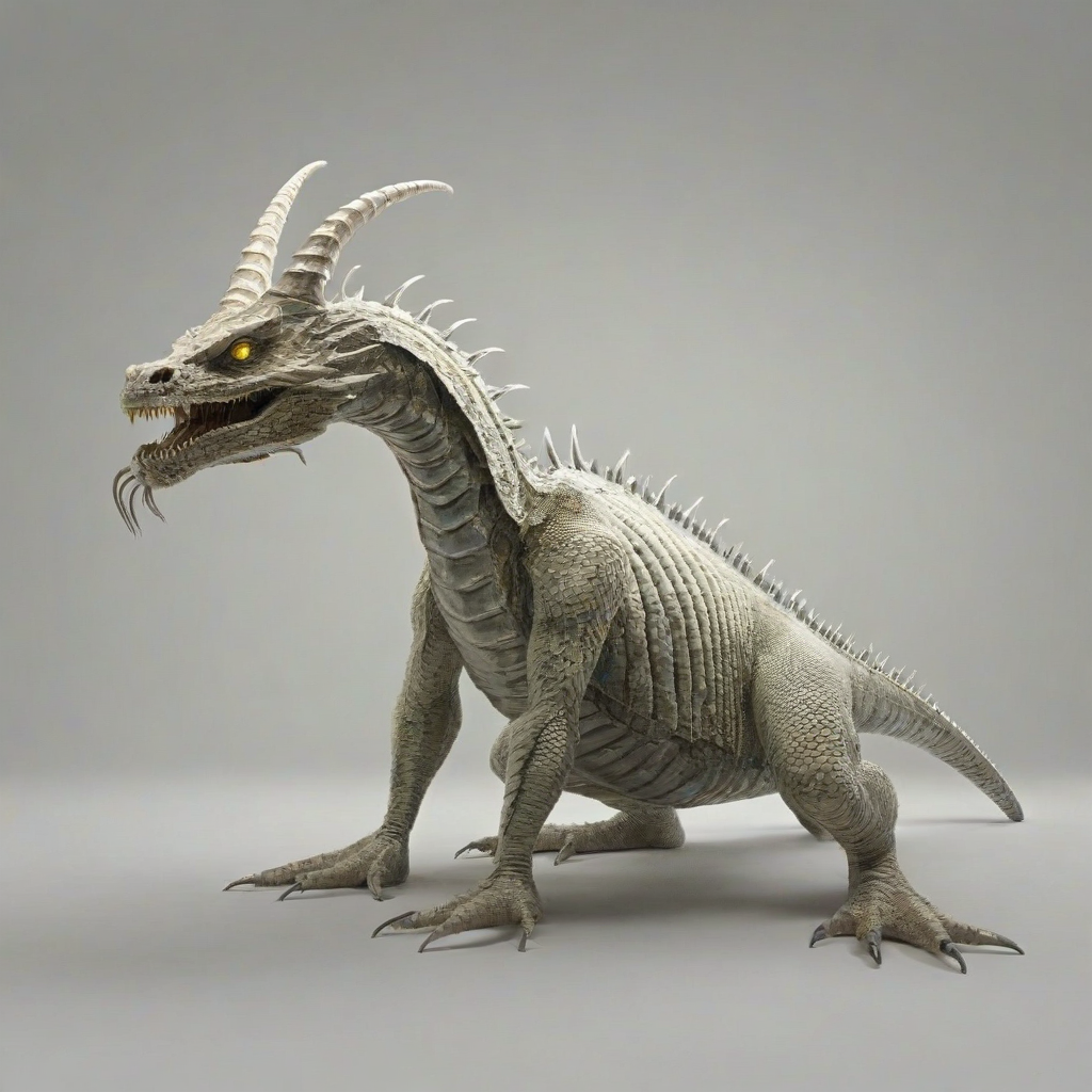 A serpent style monster with bold lines, horns, and spikes on its body, featuring rough, jagged scales and bright lighting on a plain white background, with one long, slender tail, and no other secondary features., on a plain white background, even lighting