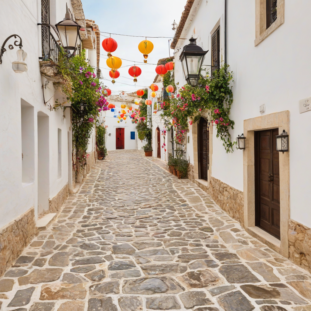 small Mediterranean village, cobble stone streets, colorful lanterns, wide shot, plain white background