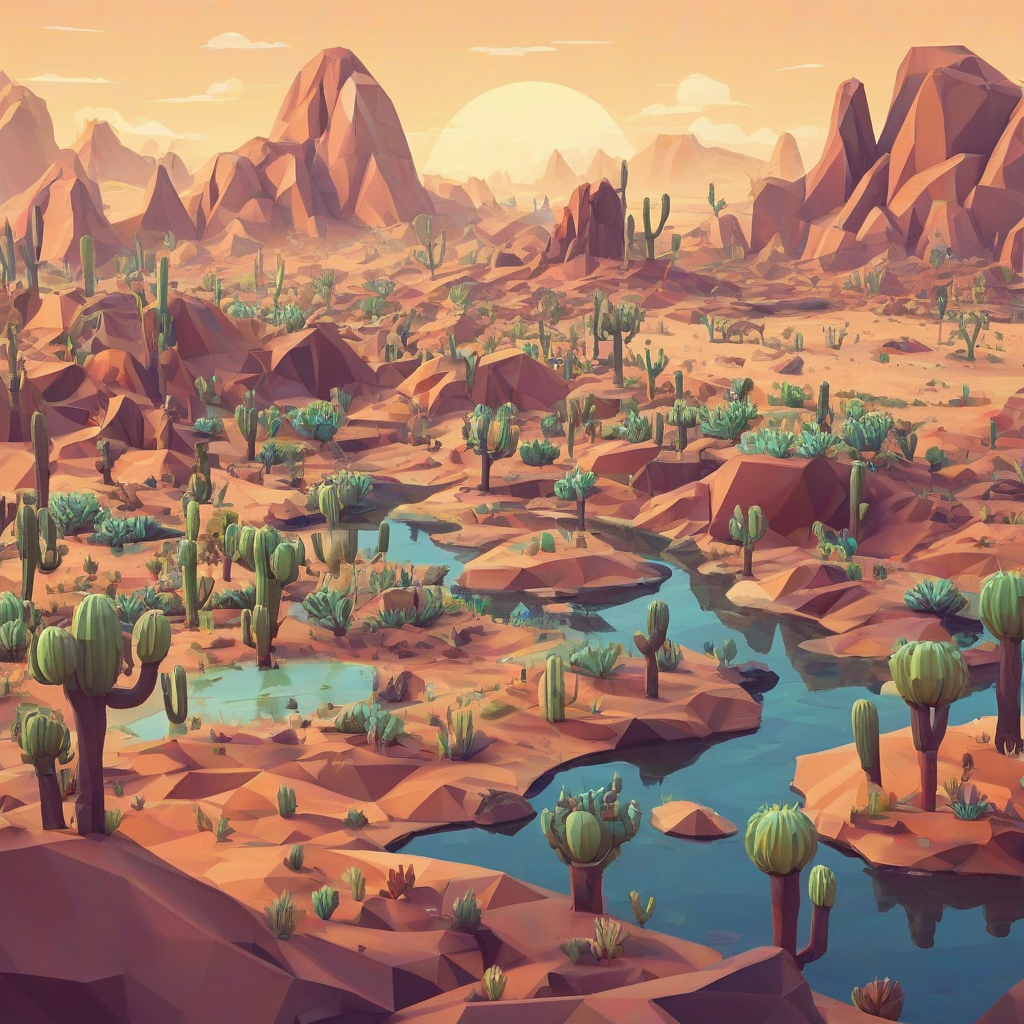 cartoon low-poly art style, of a desert land