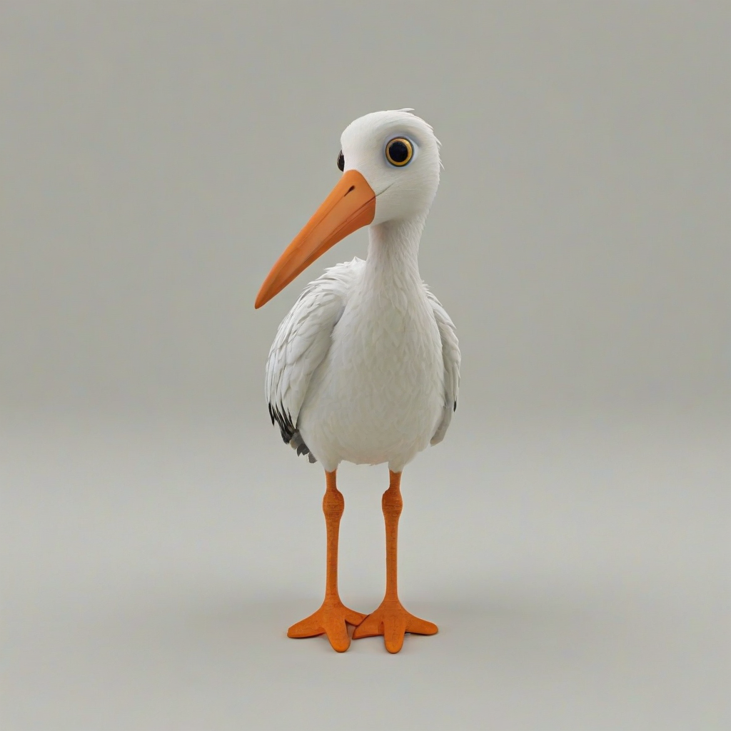 a small, cute stork in a 3D animation, full body visible, large expressive eyes, bright even lighting on a plain white background, on a plain white background, even lighting