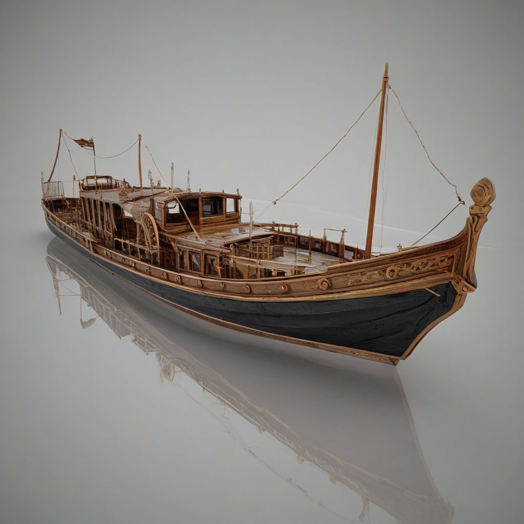 A highly detailed, full-body view of a steam river boat with no sails, on a plain white background, with a wide-angle shot, dynamic shadows, and hard rim light, in a digital art style with intricate textures and reflections, with the boat's wooden hull and metal accents prominently displayed, and the surrounding water gently rippling, on a plain white background, even lighting, on a plain white background, even lighting 
